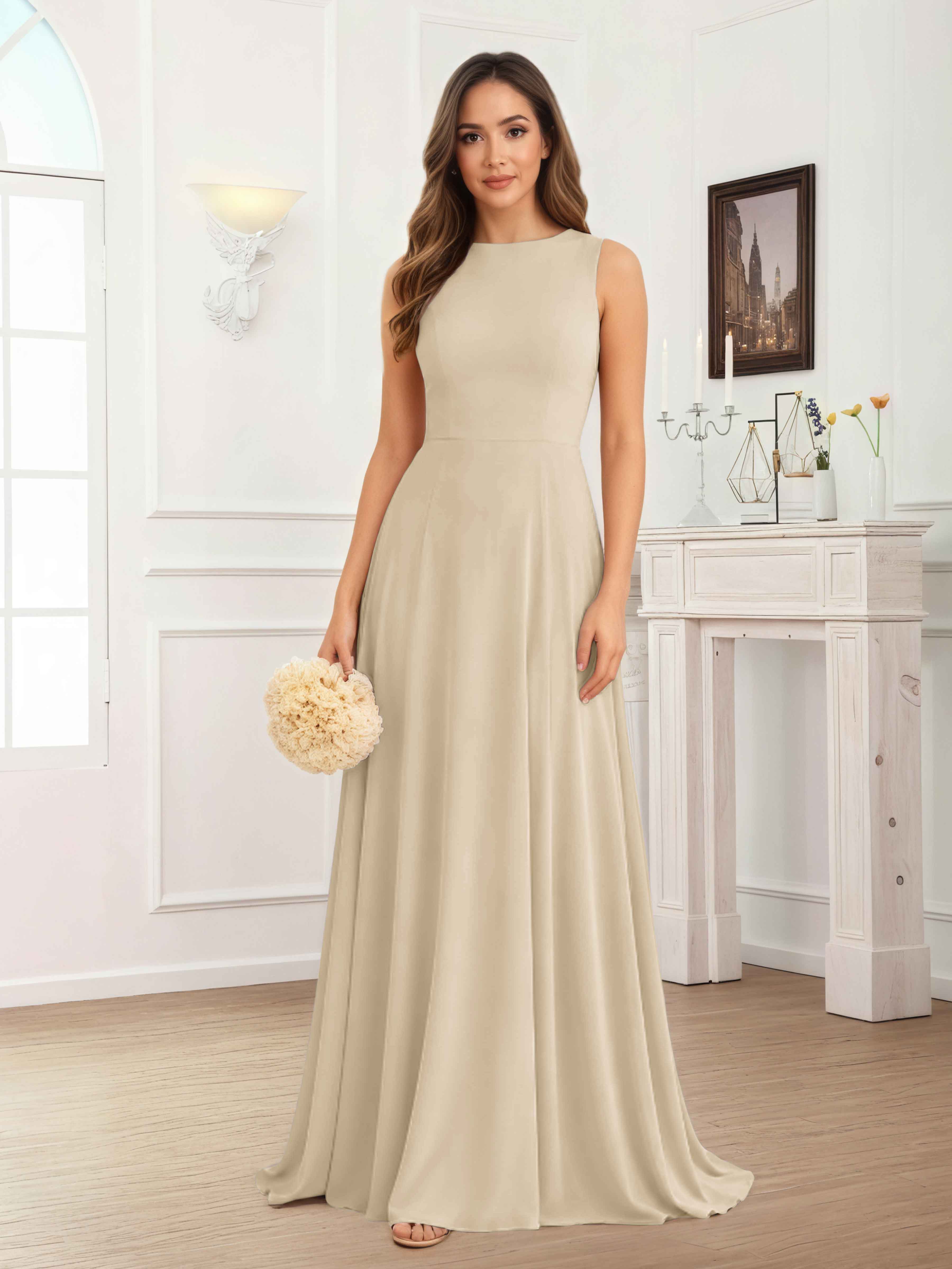 Fraelithra Modest Scoop A-Line Sleeveless Long Bridesmaid Dresses