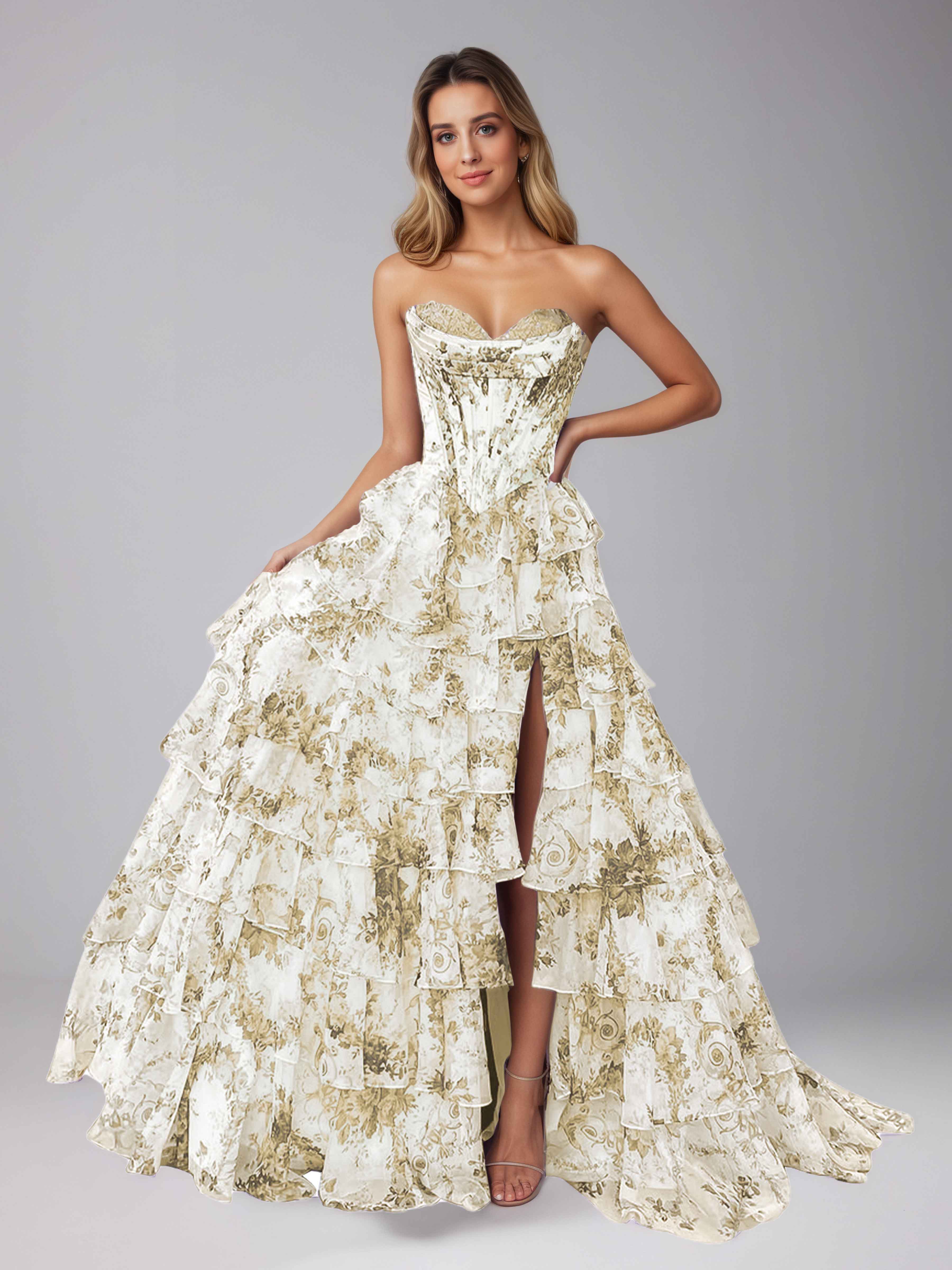 Graelara Glamorous Sweetheart Cascading Ruffles Corset Floral Tiered Prom Dresses