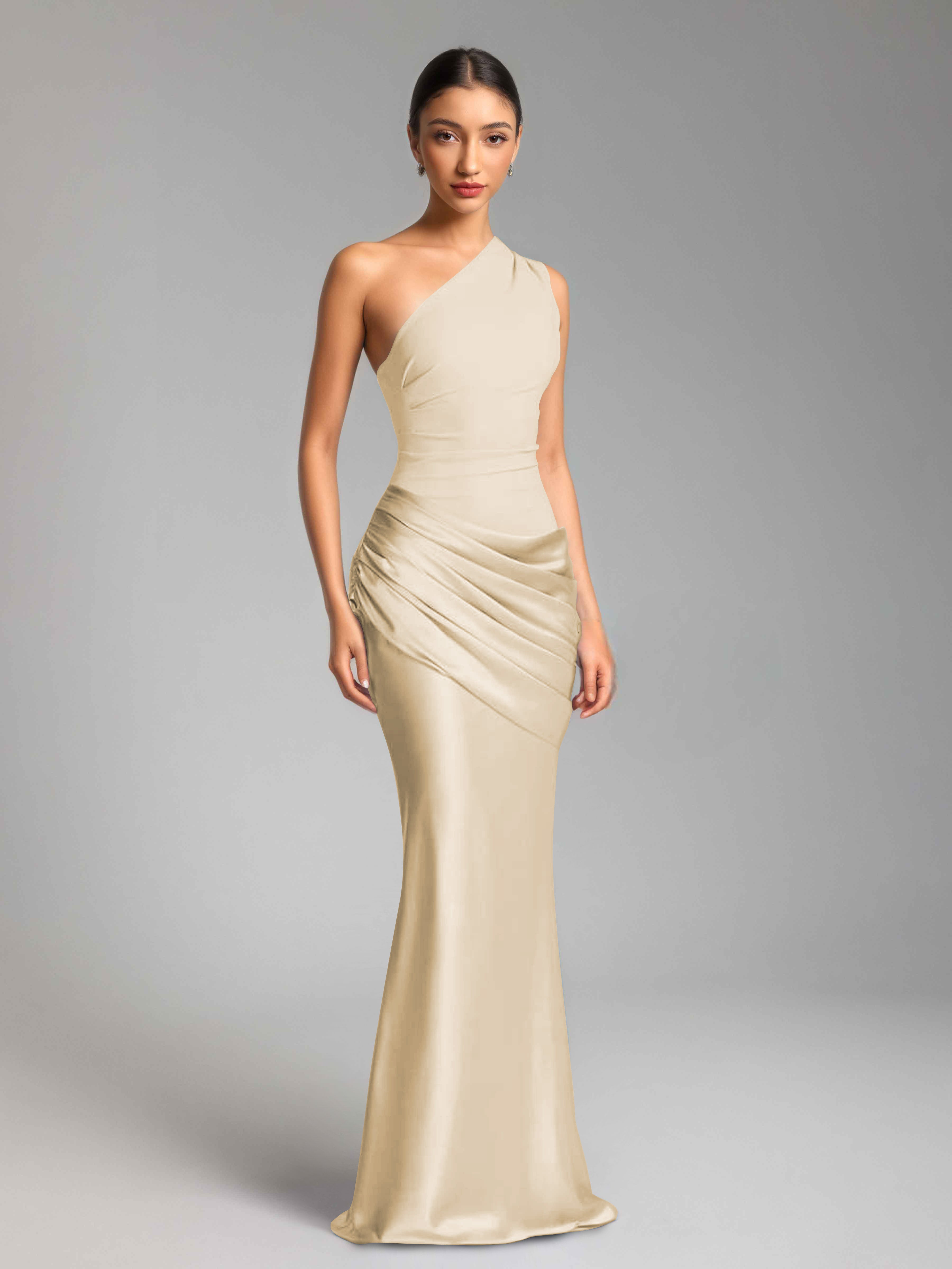 Jaelithra Gorgeous One Shoulder Pleated Satin Long Prom Dresses