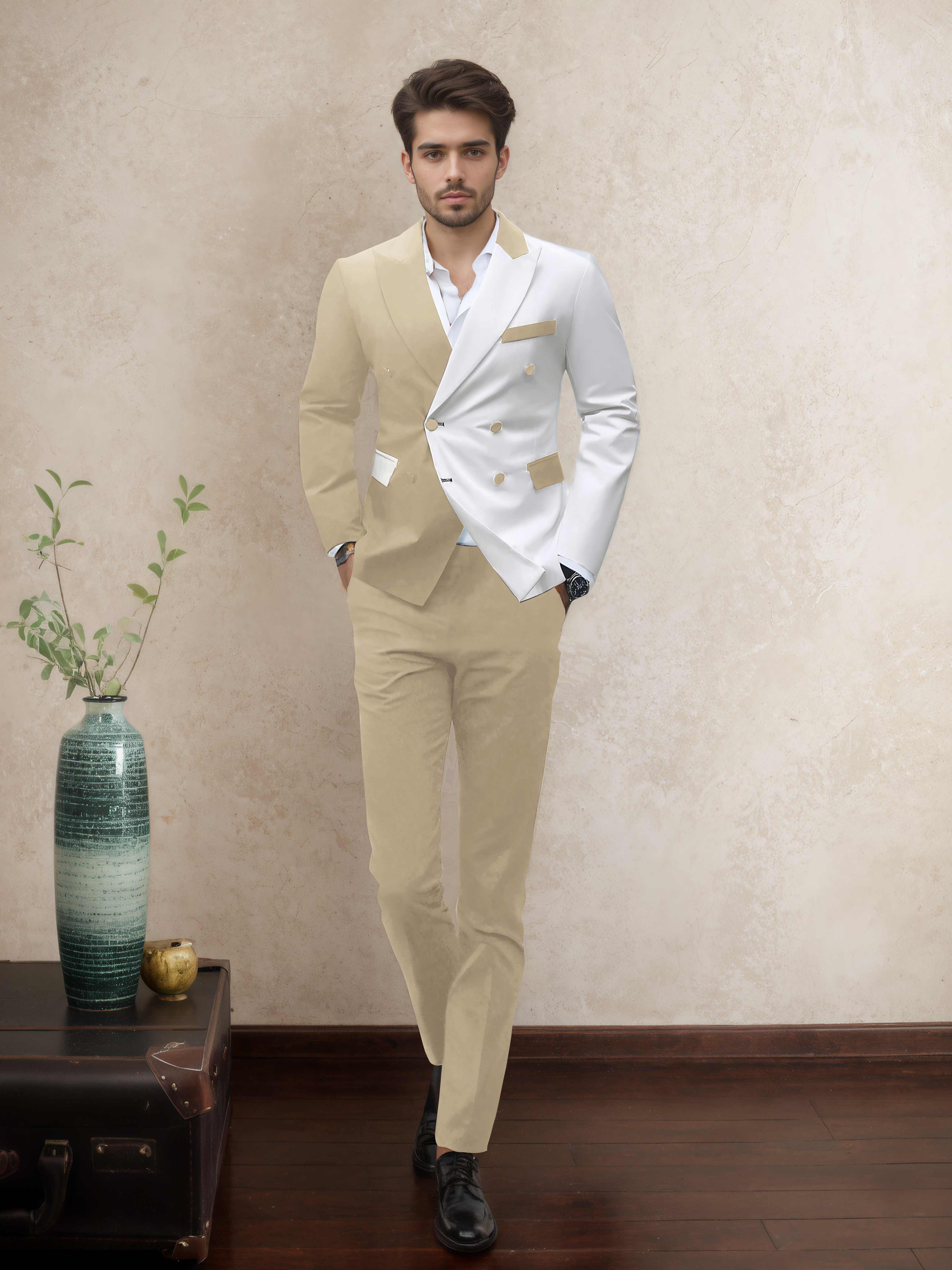 Refined 2 Pieces Men’s Evening Suit Tailored Fit Double Breasted Peak Lapel Contrast