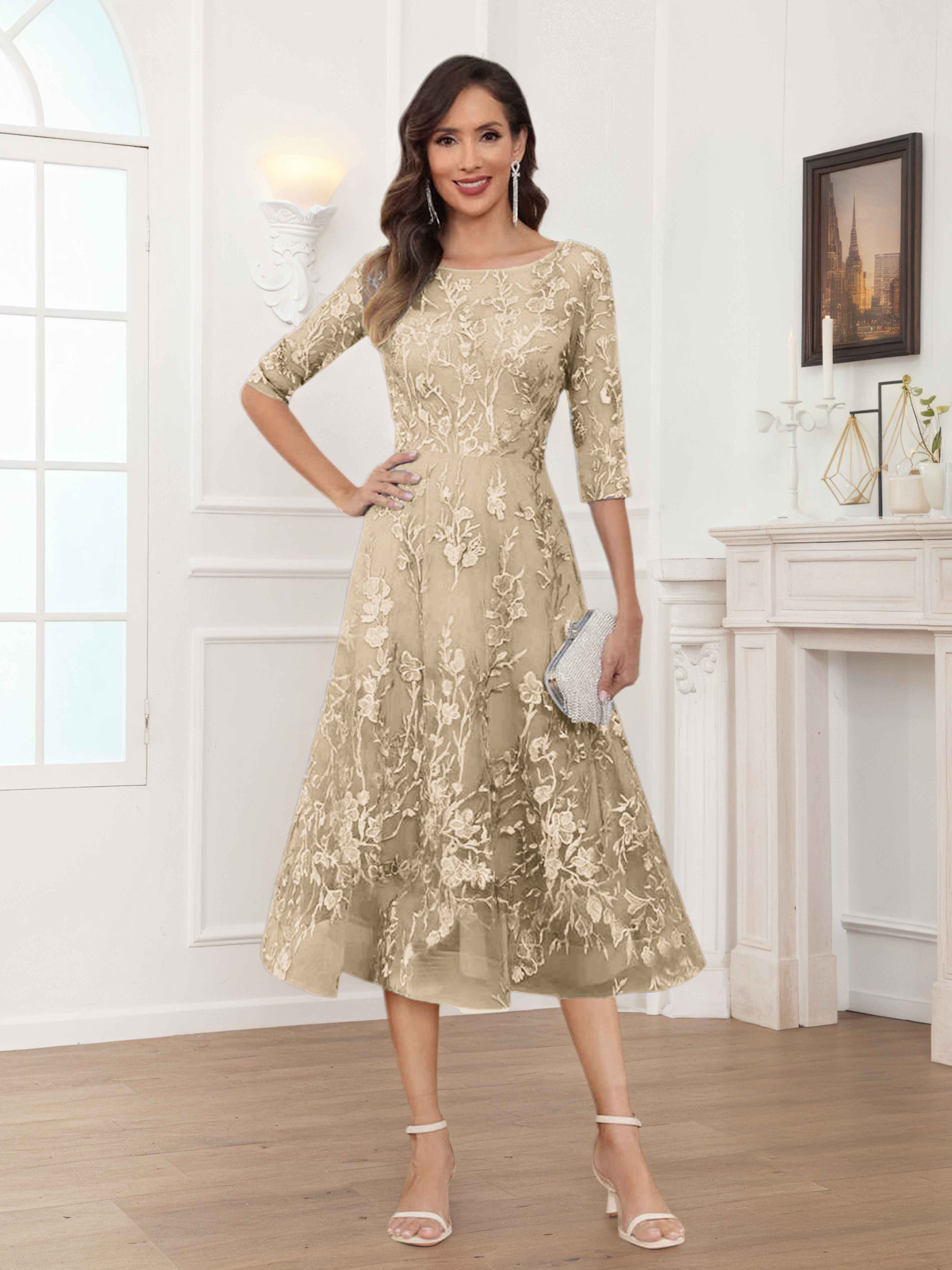 Pax Exquisite A-Line Illusion Lace Tea Length Mother of The Bride Dres