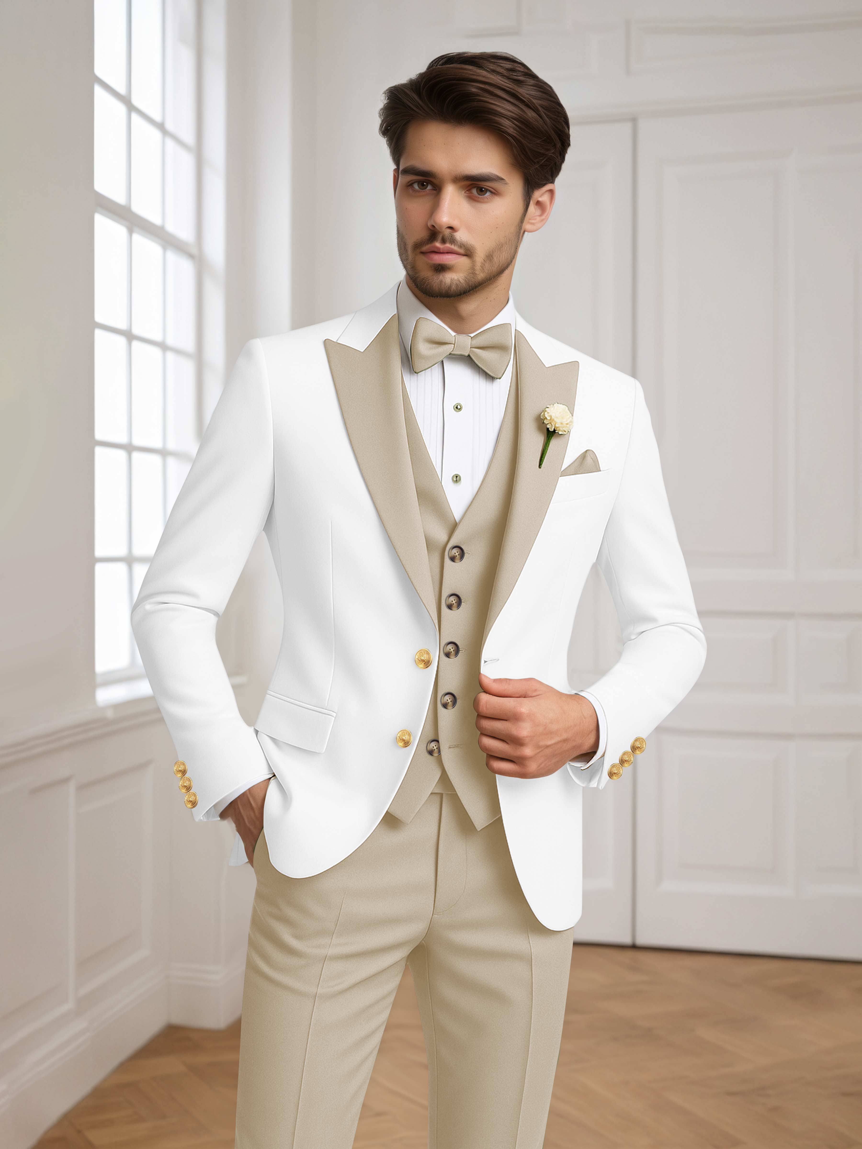 Color Block Peak Lapel Men's 3 Pieces Suit for Groom Wedding & Prom