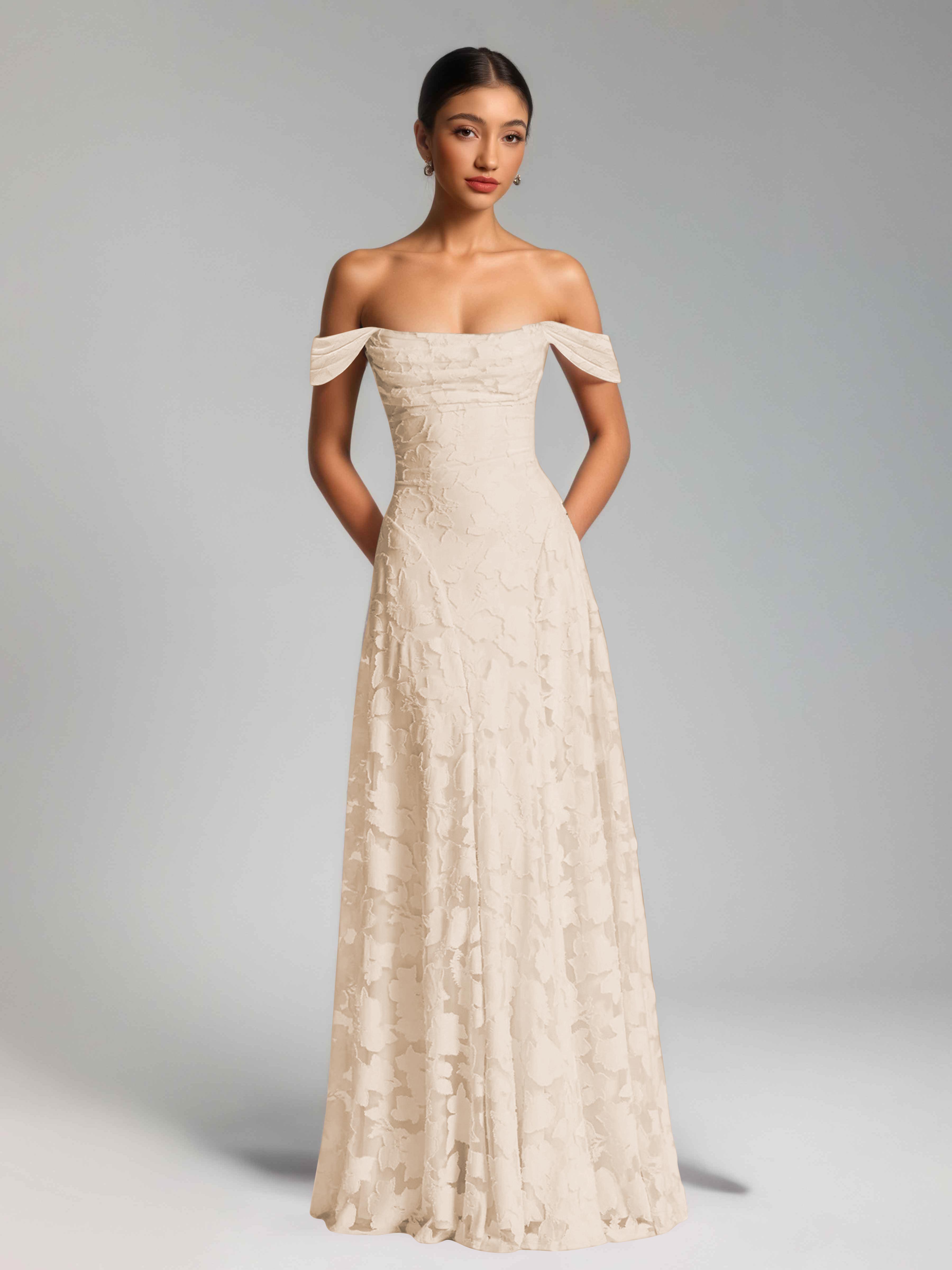 Oraelithra Charming A-Line Off the Shoulder Long Jacquard Bridesmaid Dresses