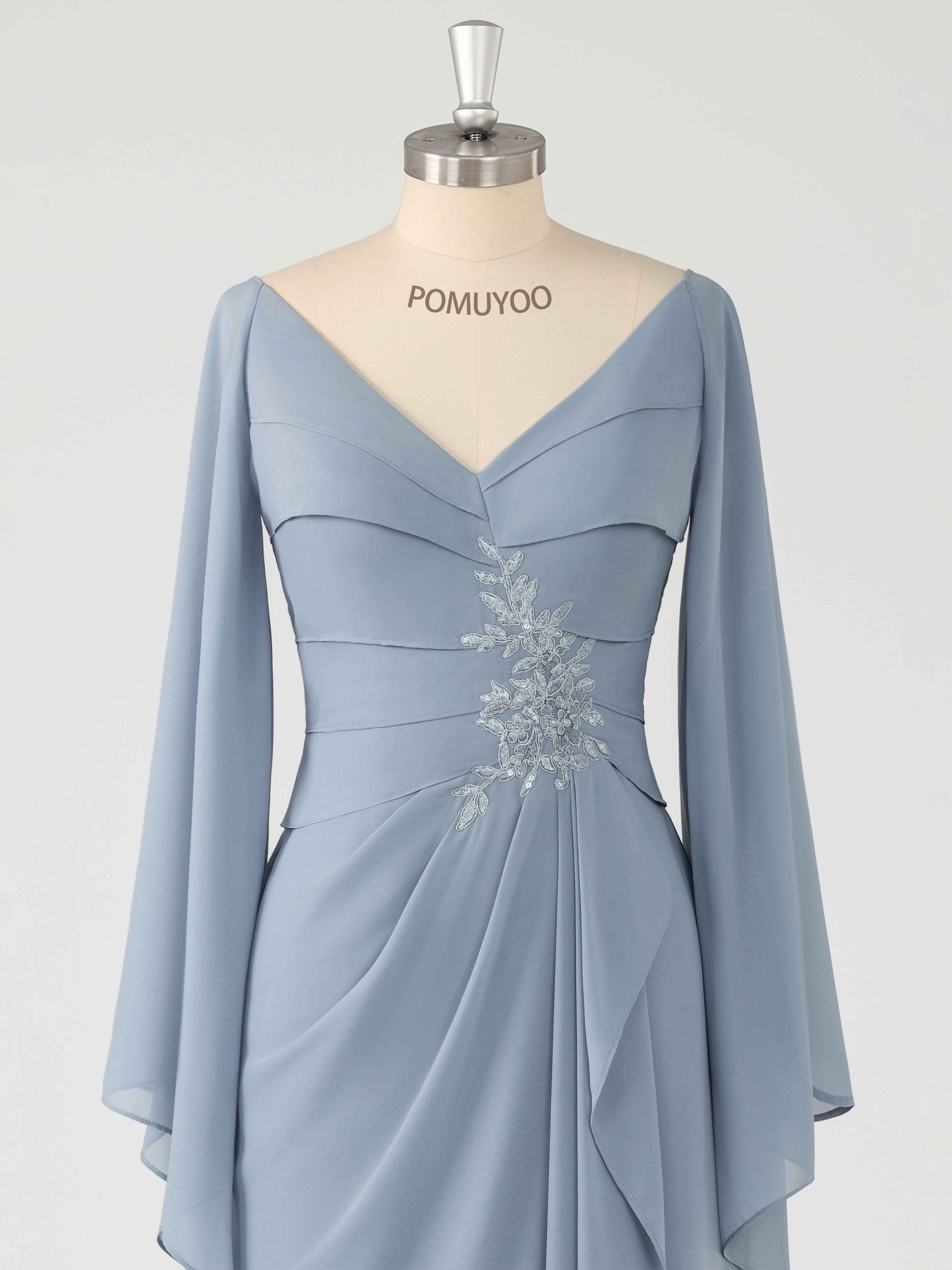 Charming V Neck Split Sleeves Appliques Long Chiffon Mother of the Bride Dresses