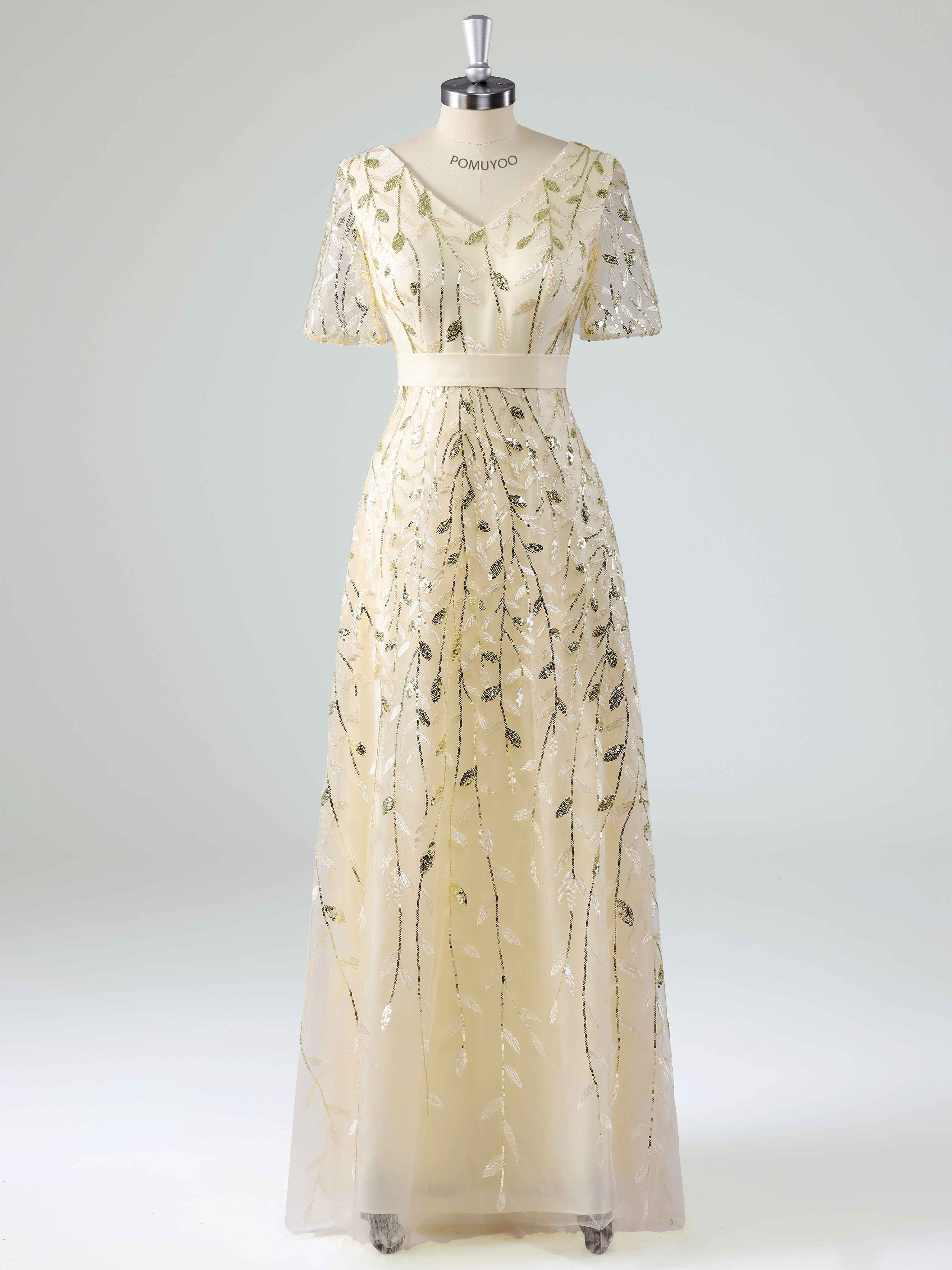Charming A-Line V Neck Short Sleeves Leaf Sequin Long Mother Of The Bride Dresses