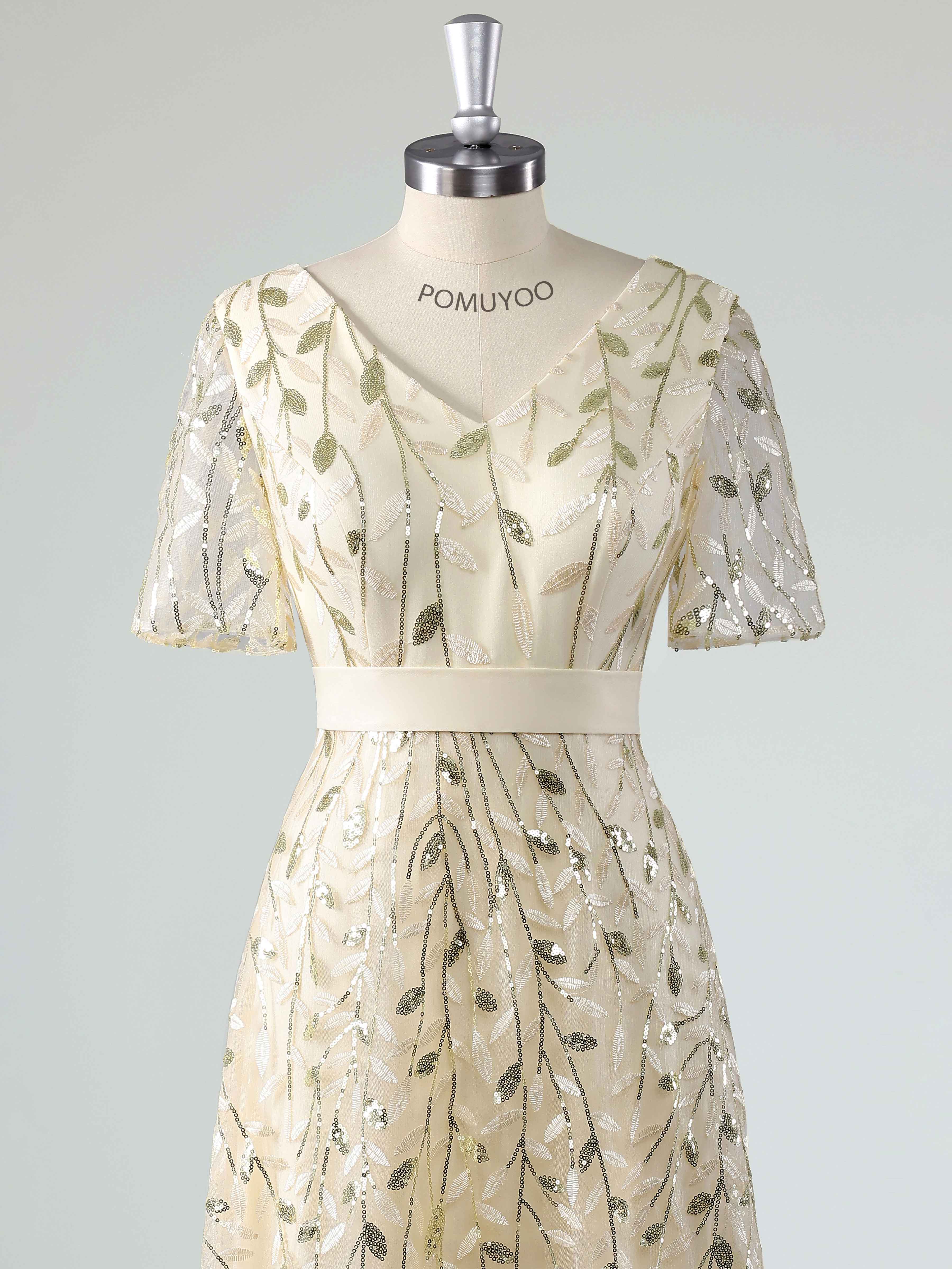 Charming A-Line V Neck Short Sleeves Leaf Sequin Long Mother Of The Bride Dresses