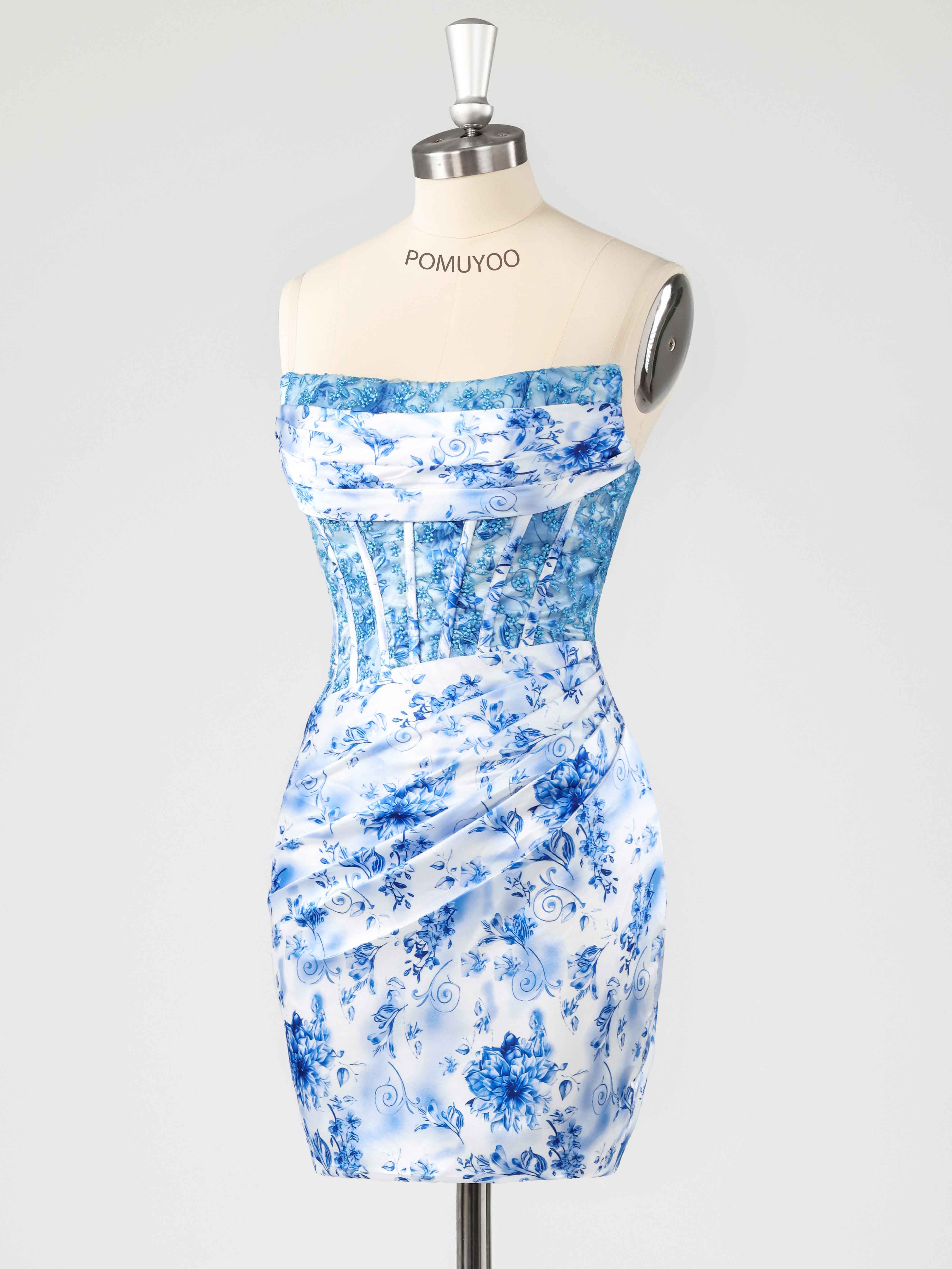 Charming Sheath Strapless Pleated Floral Print Chiffon Mini Homecoming Dresses