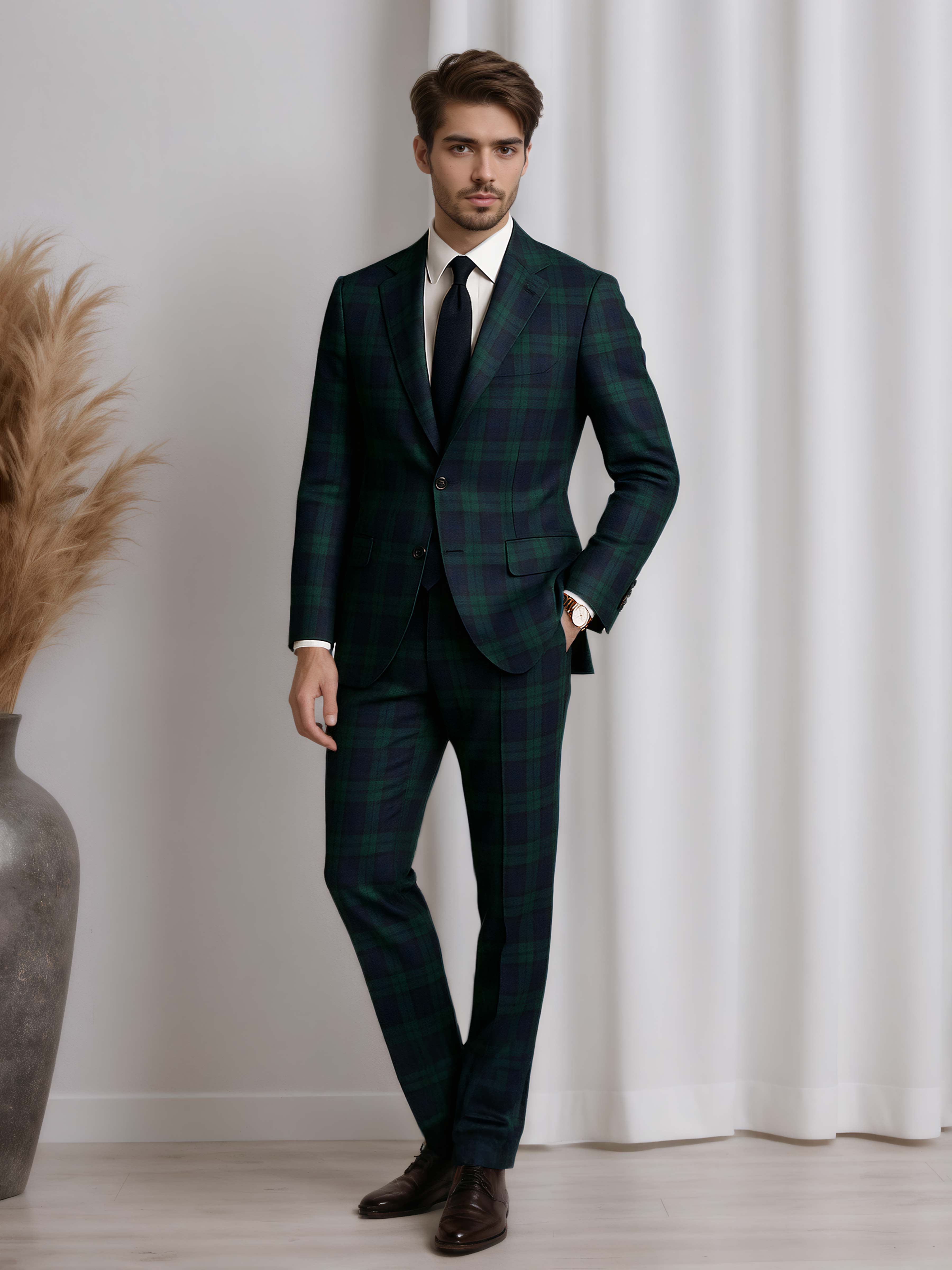 Chic Notch Lapel Men's 3 Pieces Blue Green Check Suit for Daily & Formal Events