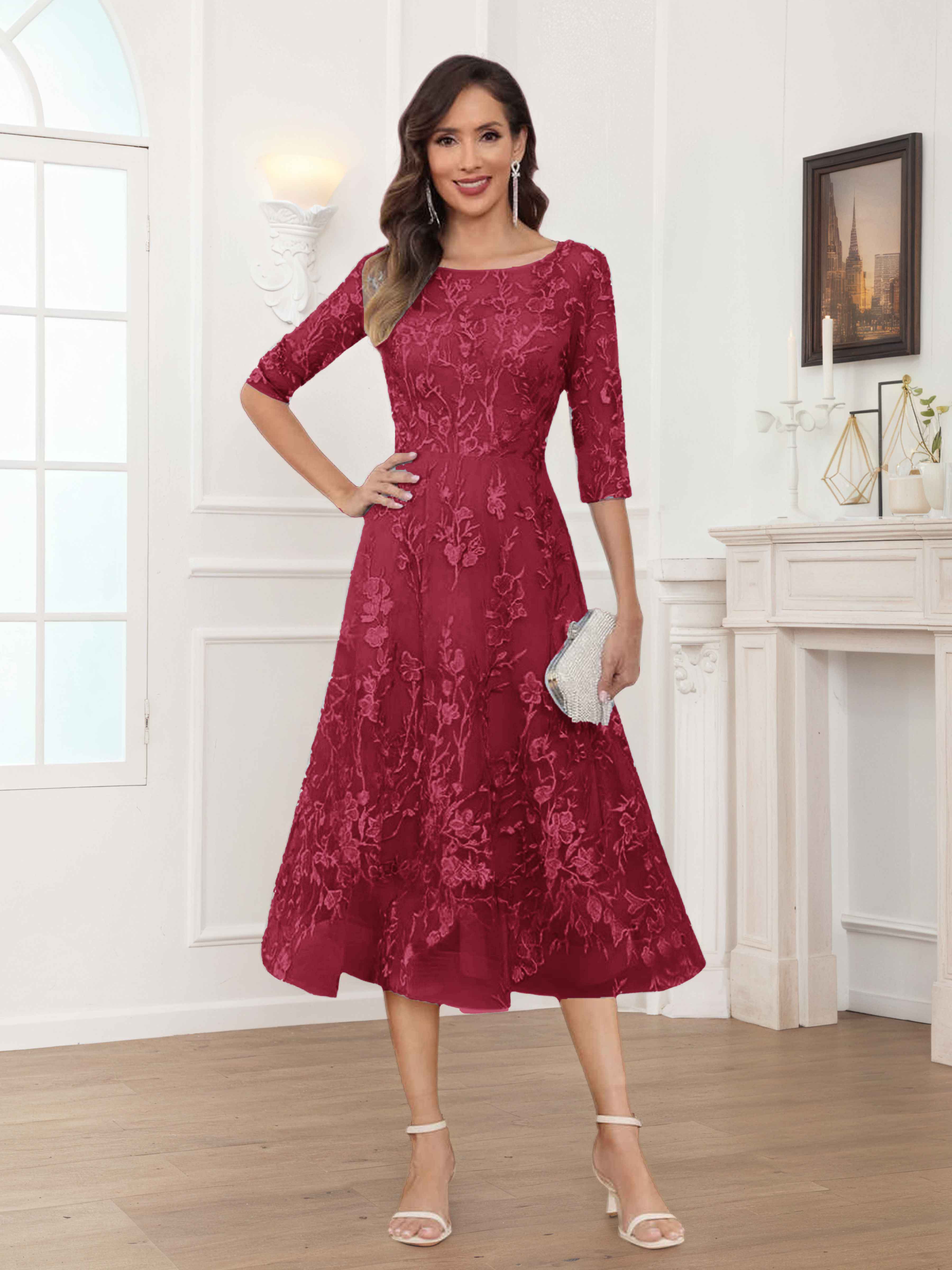 Pax Exquisite A-Line Illusion Lace Tea Length Mother of The Bride Dresses