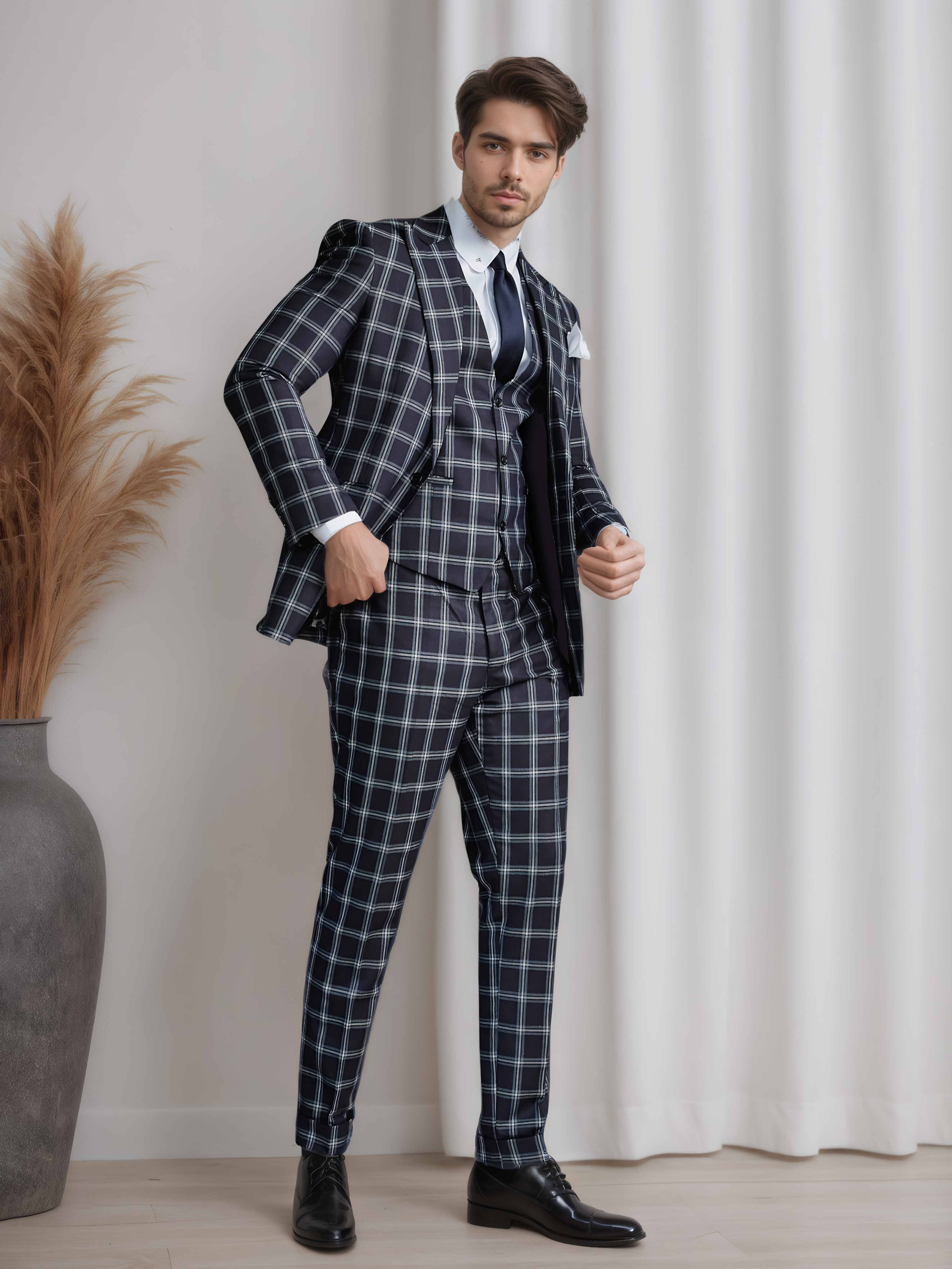 Classic Peak Lapel Men's 3 Pieces Check / Houndstooth Suit for Business Events