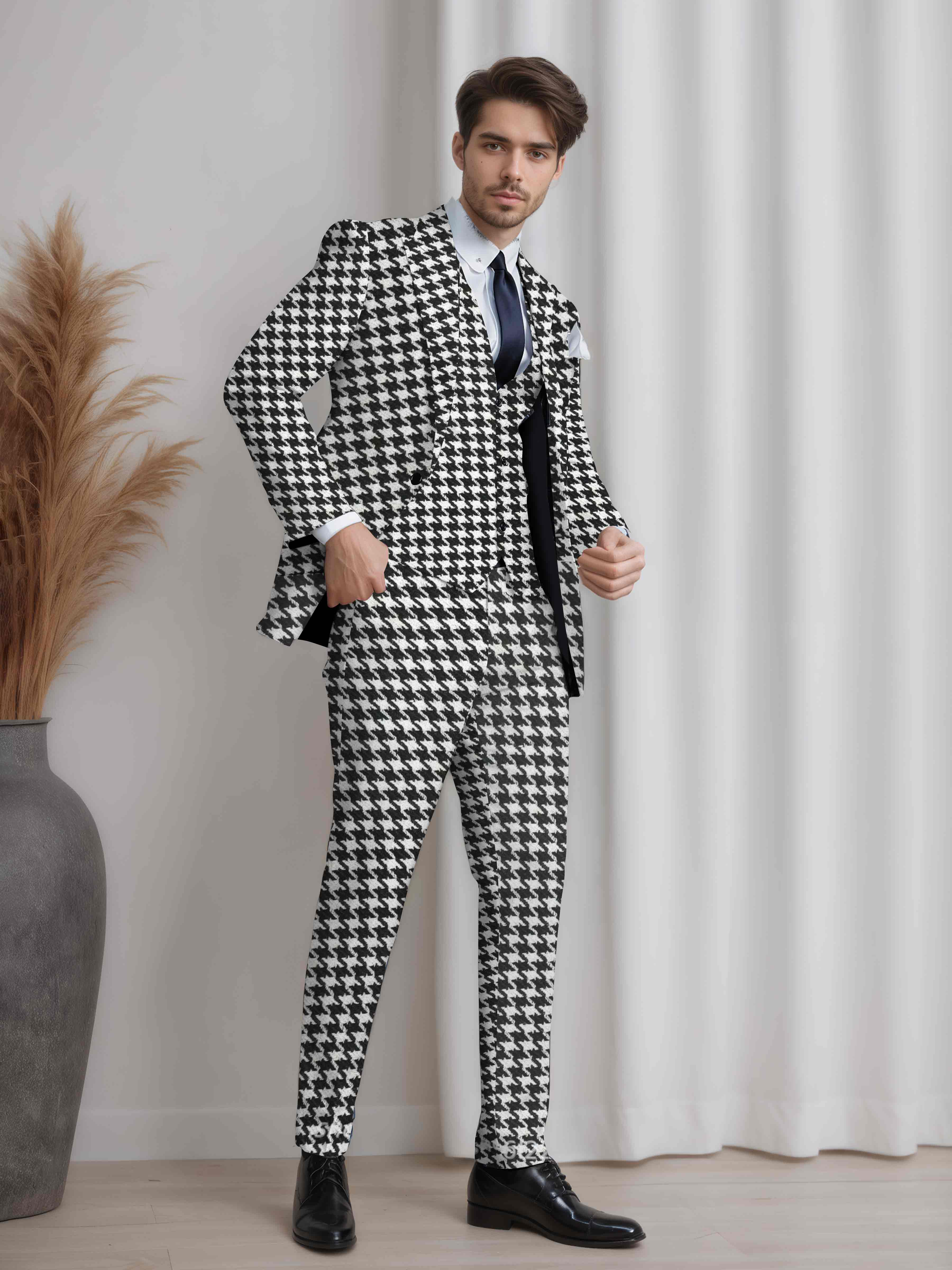Classic Peak Lapel Men's 3 Pieces Check / Houndstooth Suit for Business Events