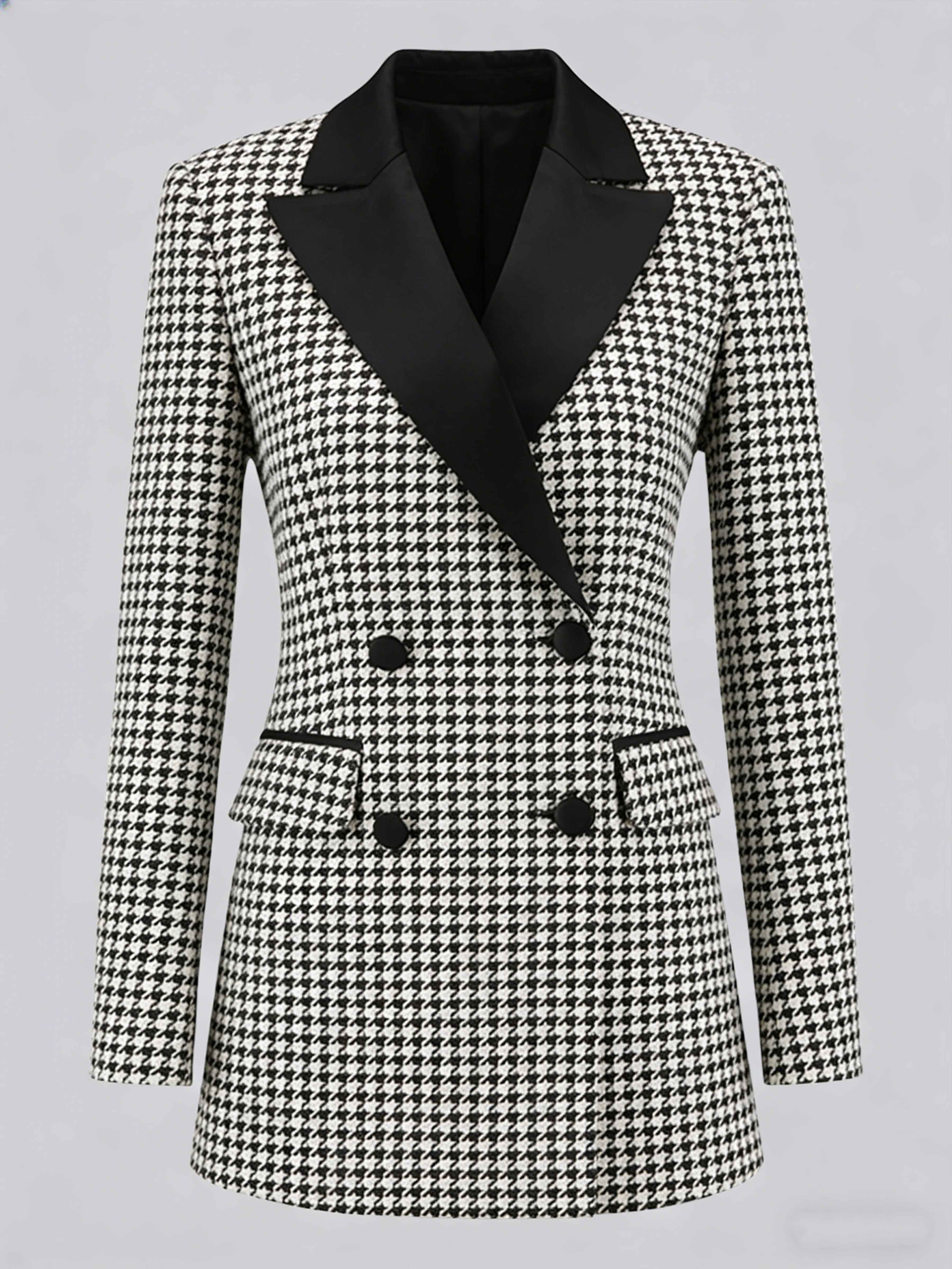 Classic Women's Houndstooth Notch Lapel Double Breasted Suit Jacket