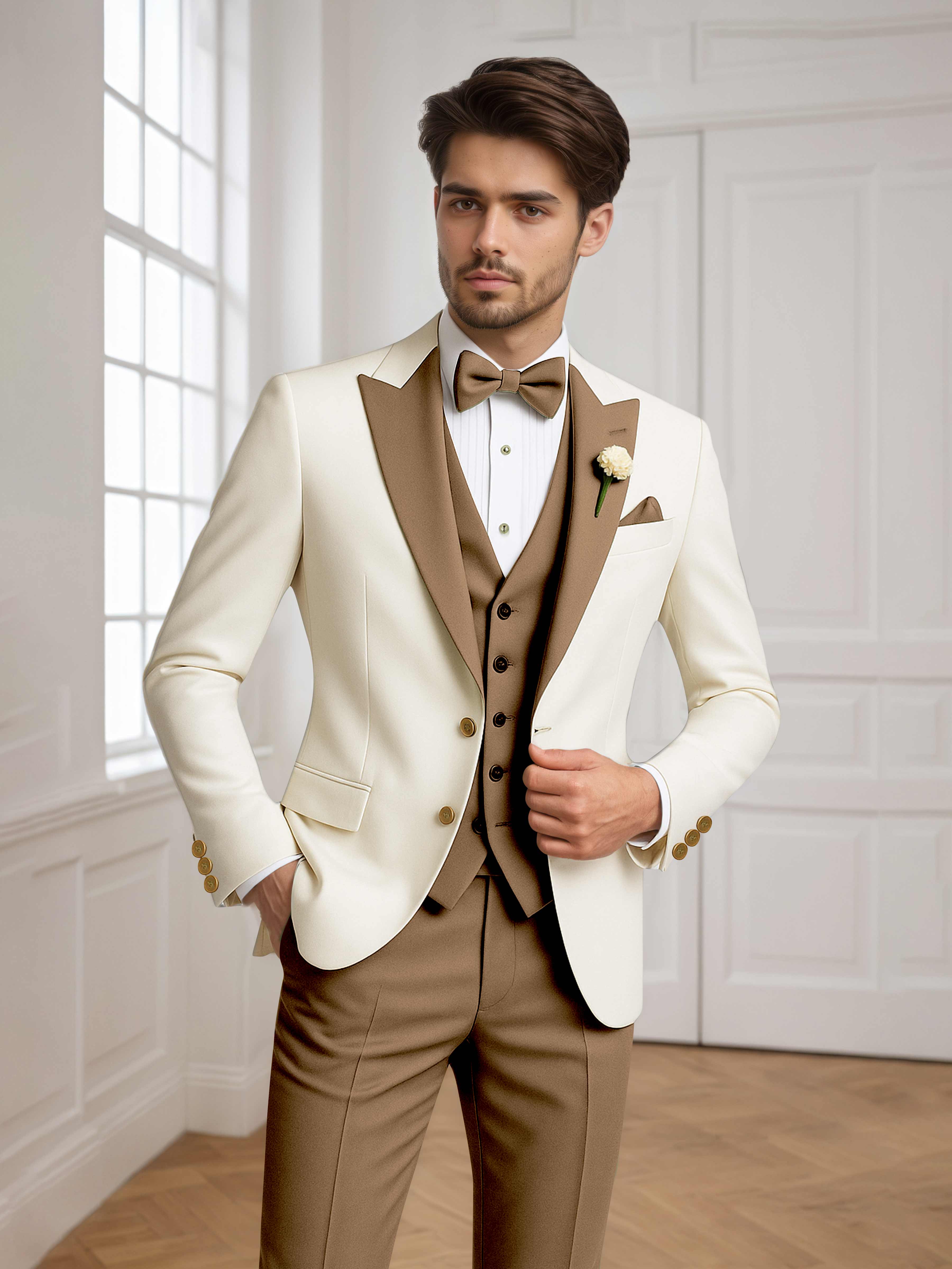 Color Block Peak Lapel Men's 3 Pieces Suit for Groom Wedding & Prom