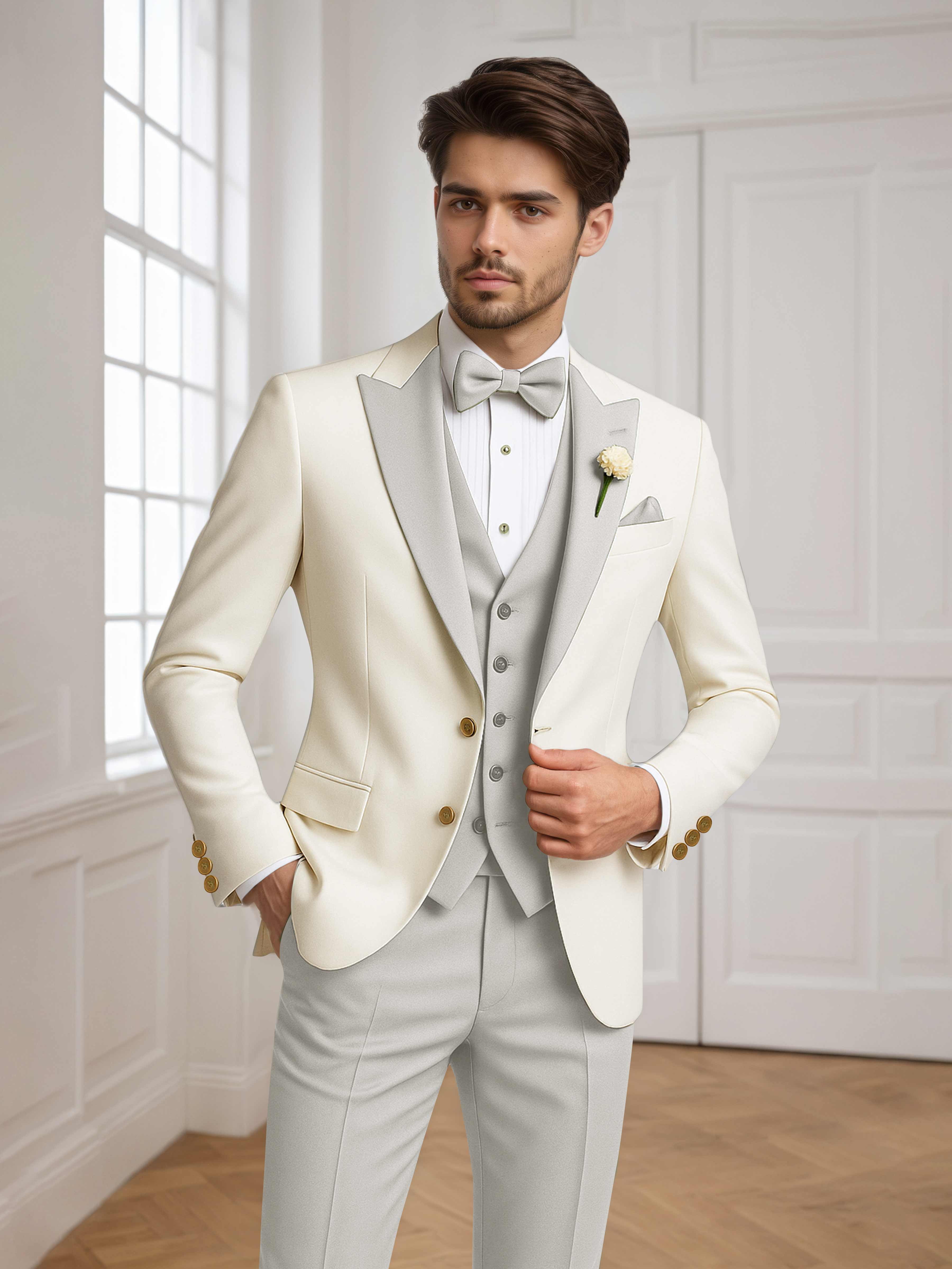 Color Block Peak Lapel Men's 3 Pieces Suit for Groom Wedding & Prom