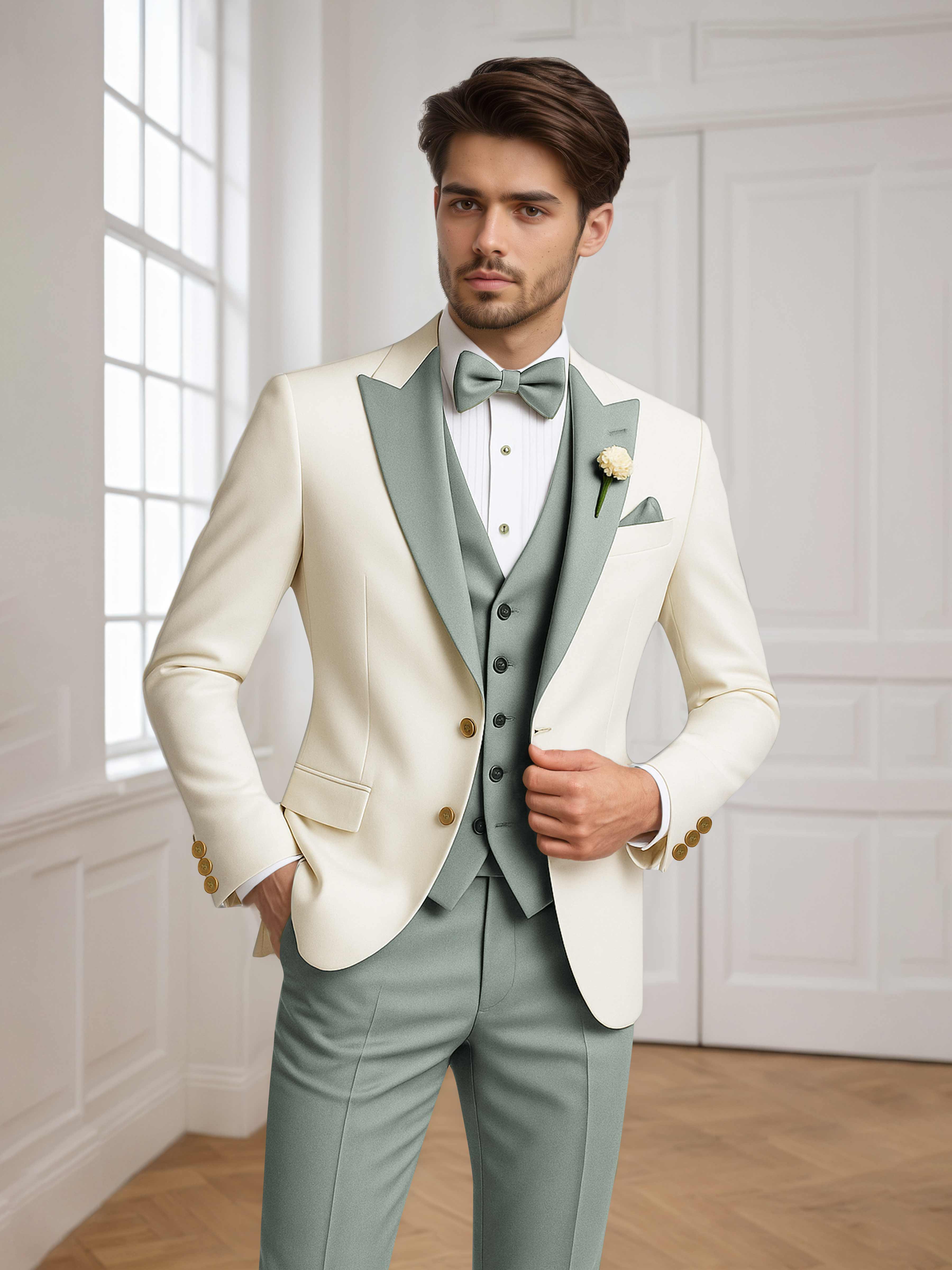 Color Block Peak Lapel Men's 3 Pieces Suit for Groom Wedding & Prom