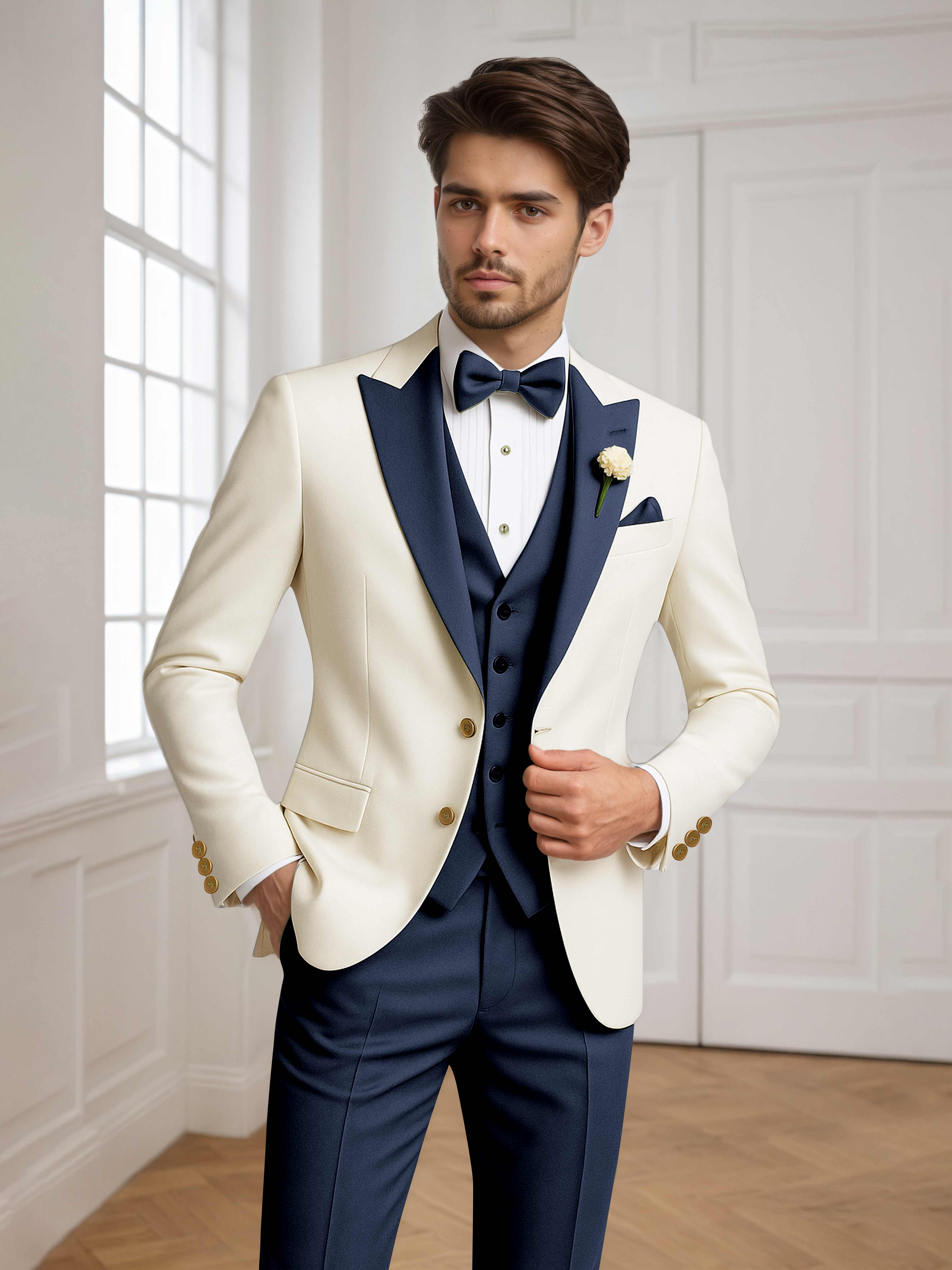 Color Block Peak Lapel Men's 3 Pieces Suit for Groom Wedding & Prom