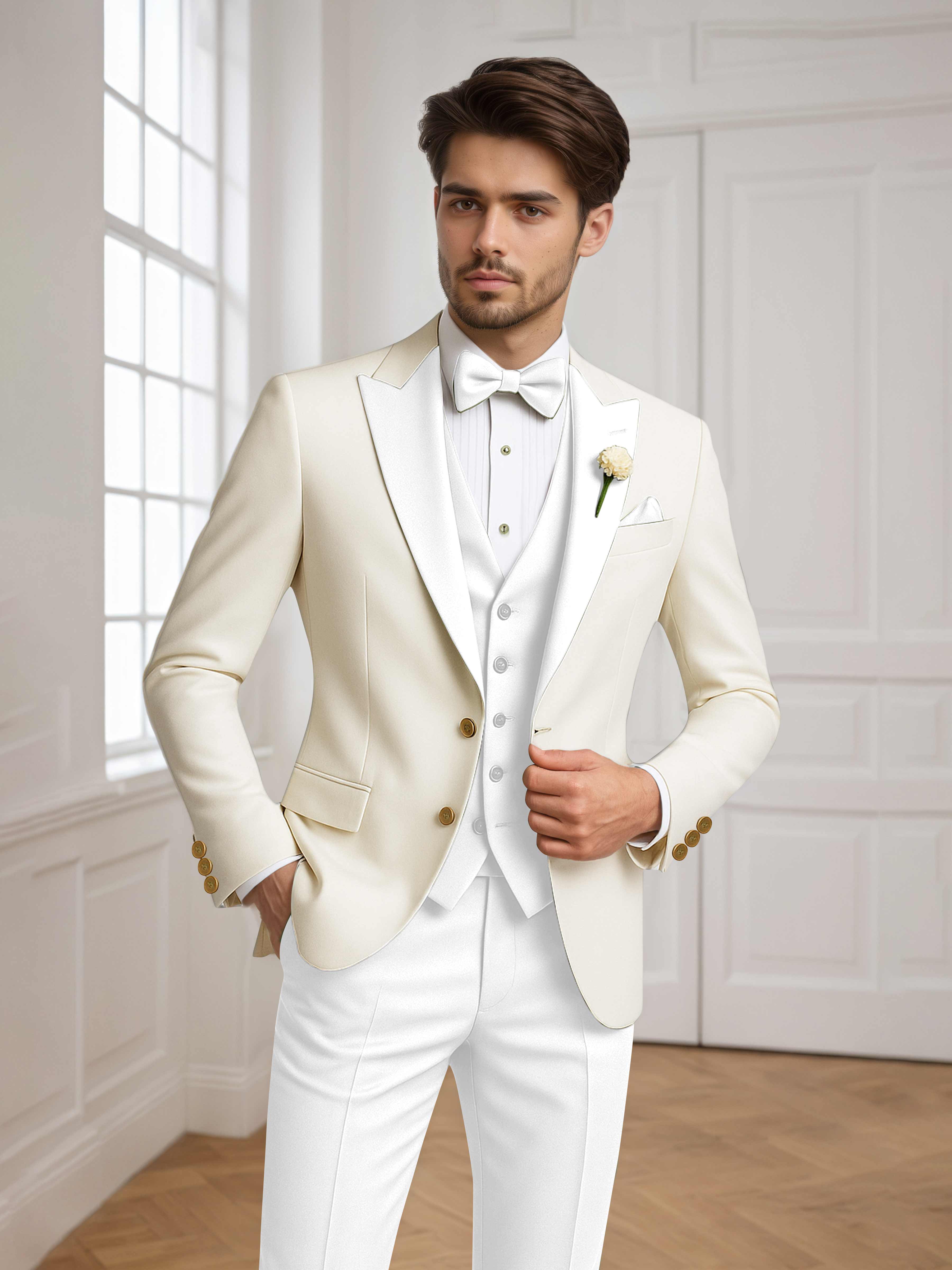 Color Block Peak Lapel Men's 3 Pieces Suit for Groom Wedding & Prom