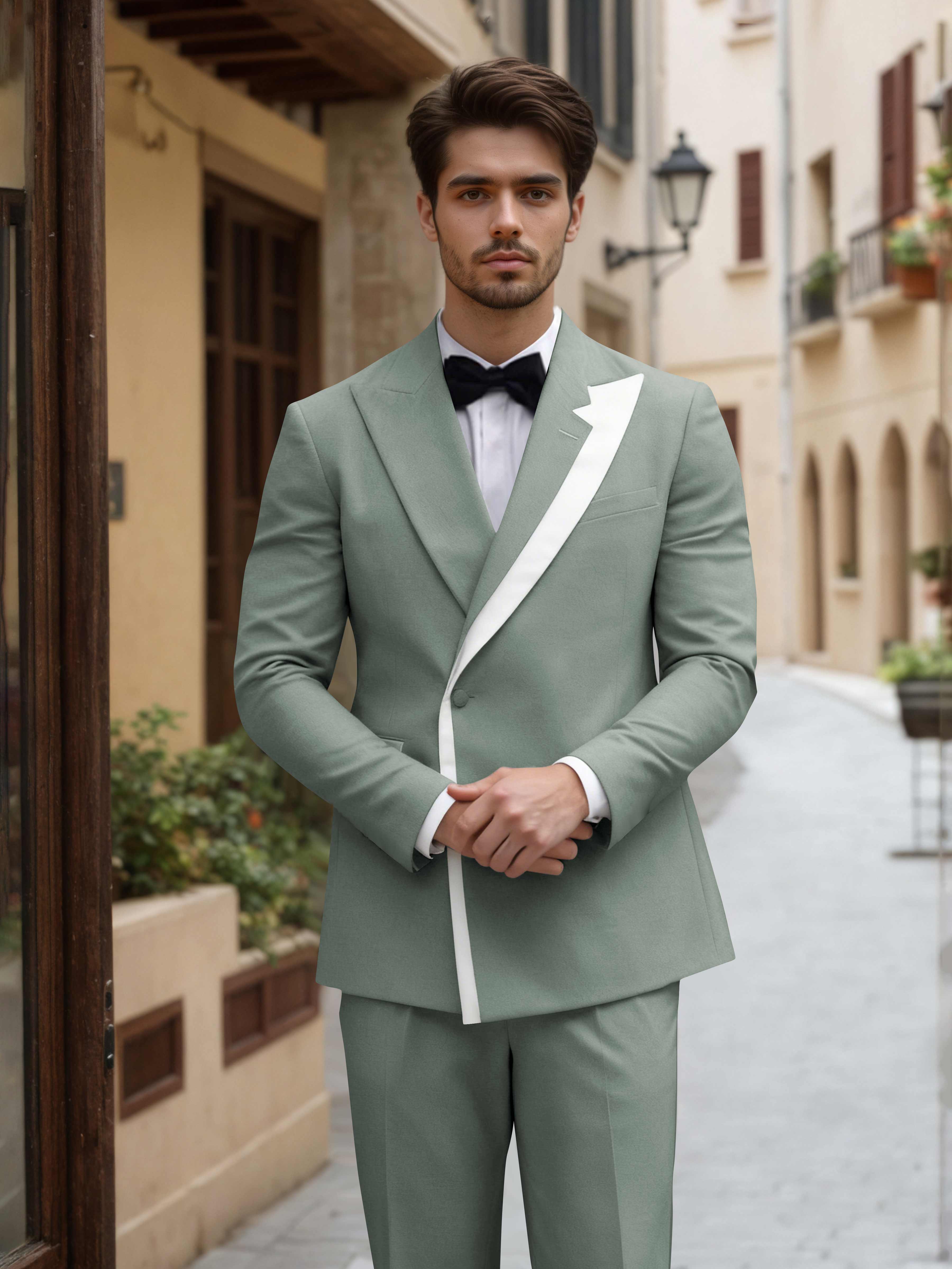 Contemporary Color Block Men's 2 Pieces Peak Lapel Suit for Groom Events