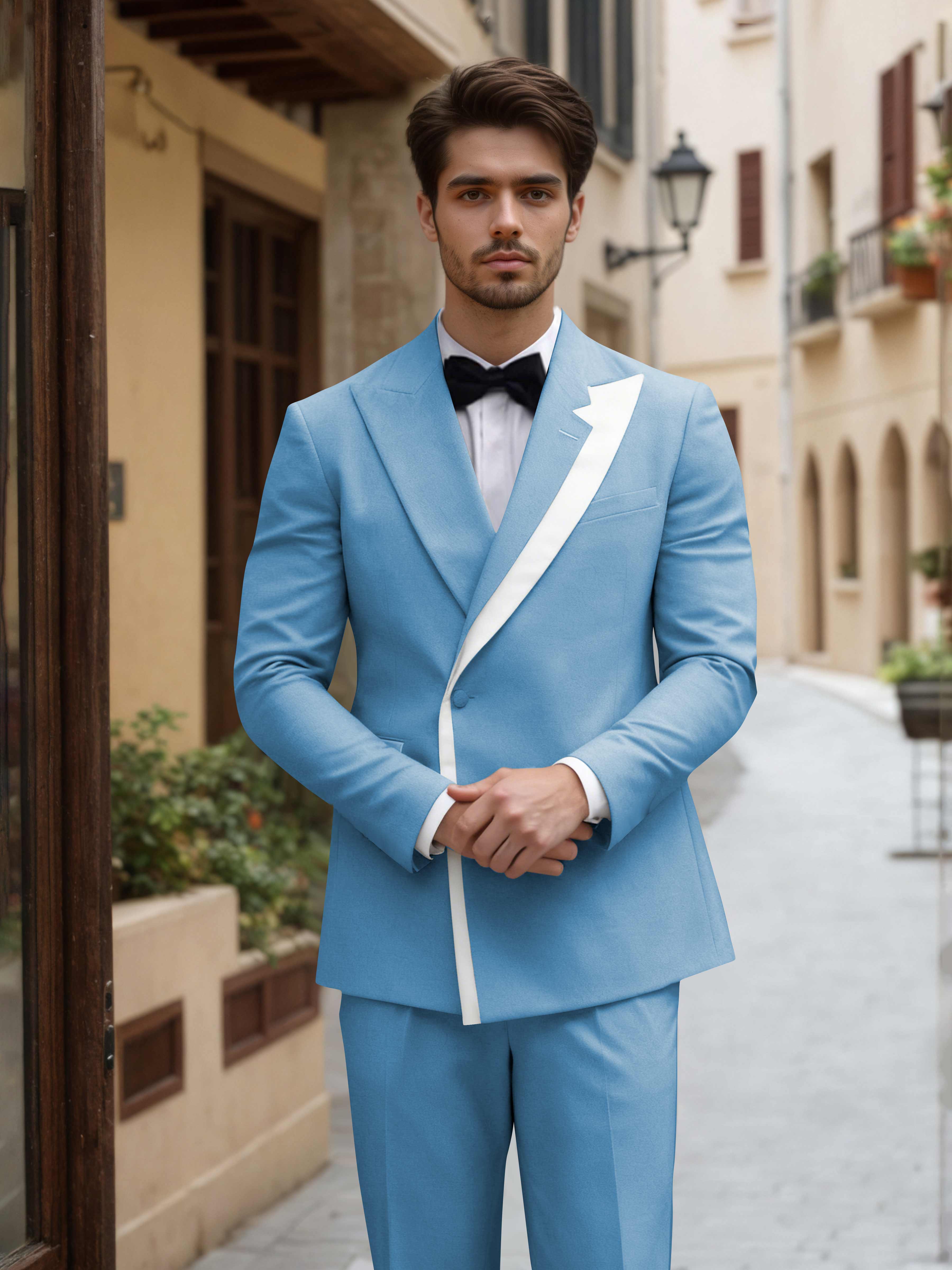 Contemporary Color Block Men's 2 Pieces Peak Lapel Suit for Groom Events
