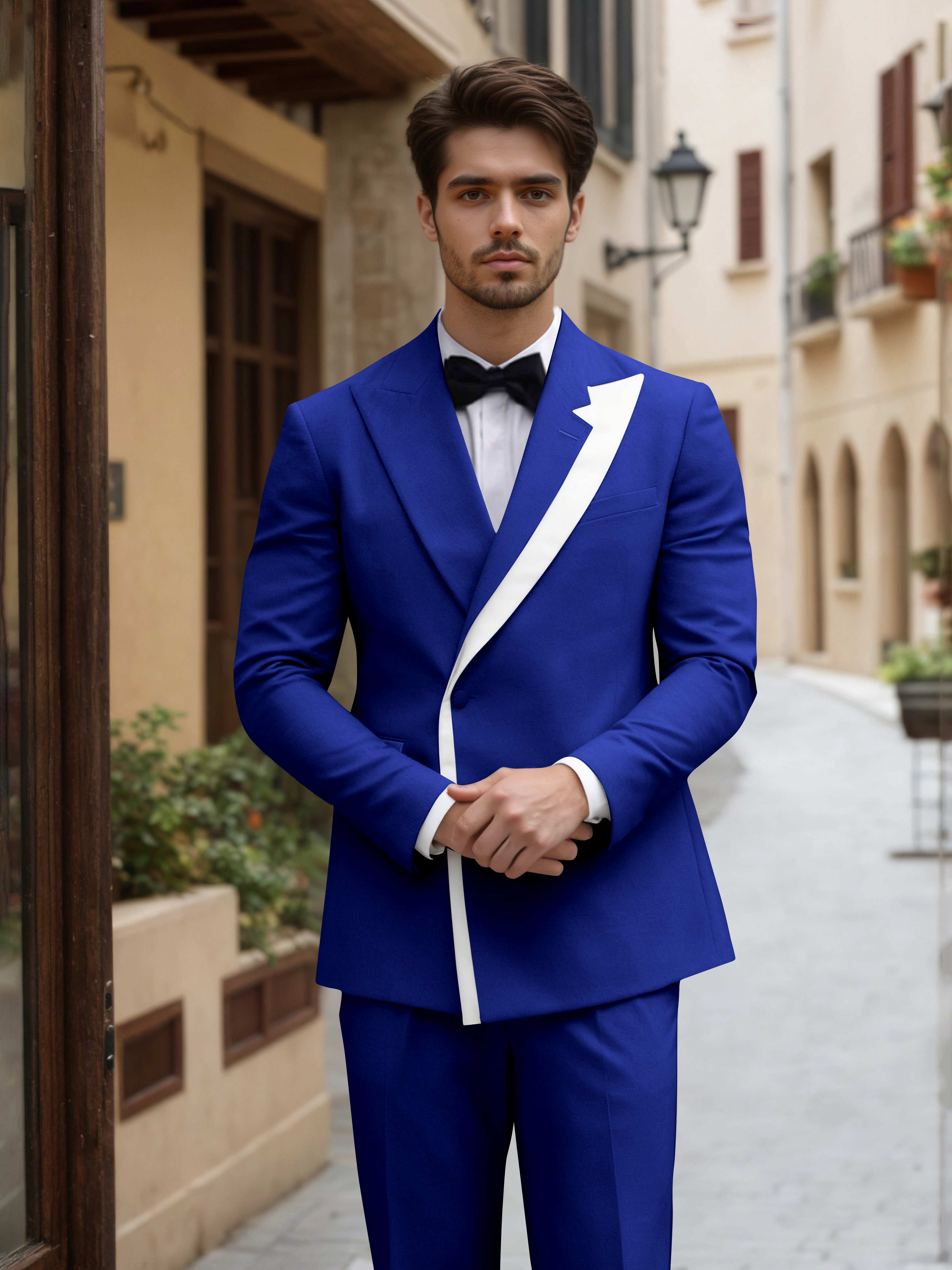 Contemporary Color Block Men's 2 Pieces Peak Lapel Suit for Groom Events