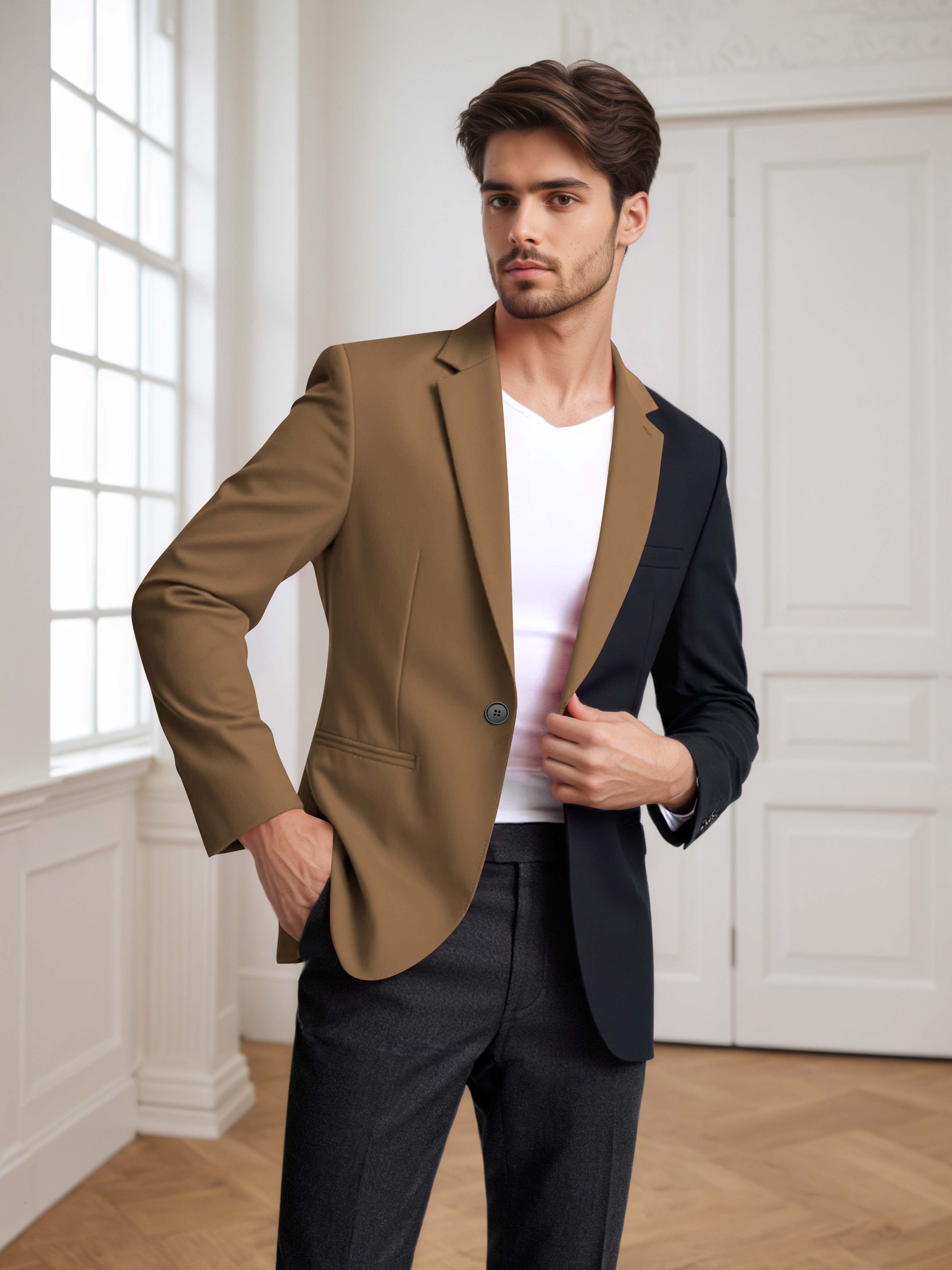 Contrast Panel Notch Lapel Men's 2 Pieces Suit for Casual Prom & Wedding