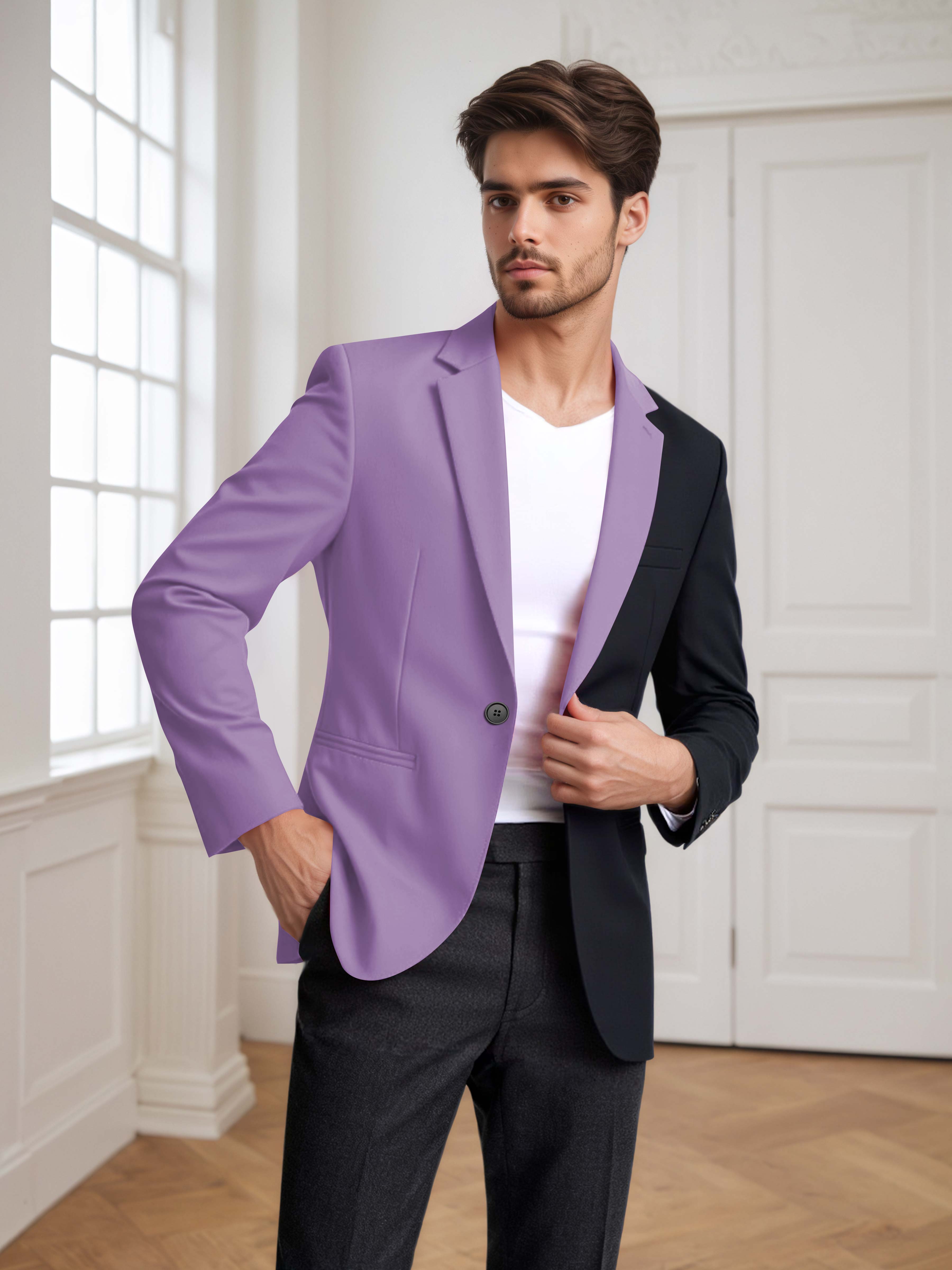 Contrast Panel Notch Lapel Men's 2 Pieces Suit for Casual Prom & Wedding