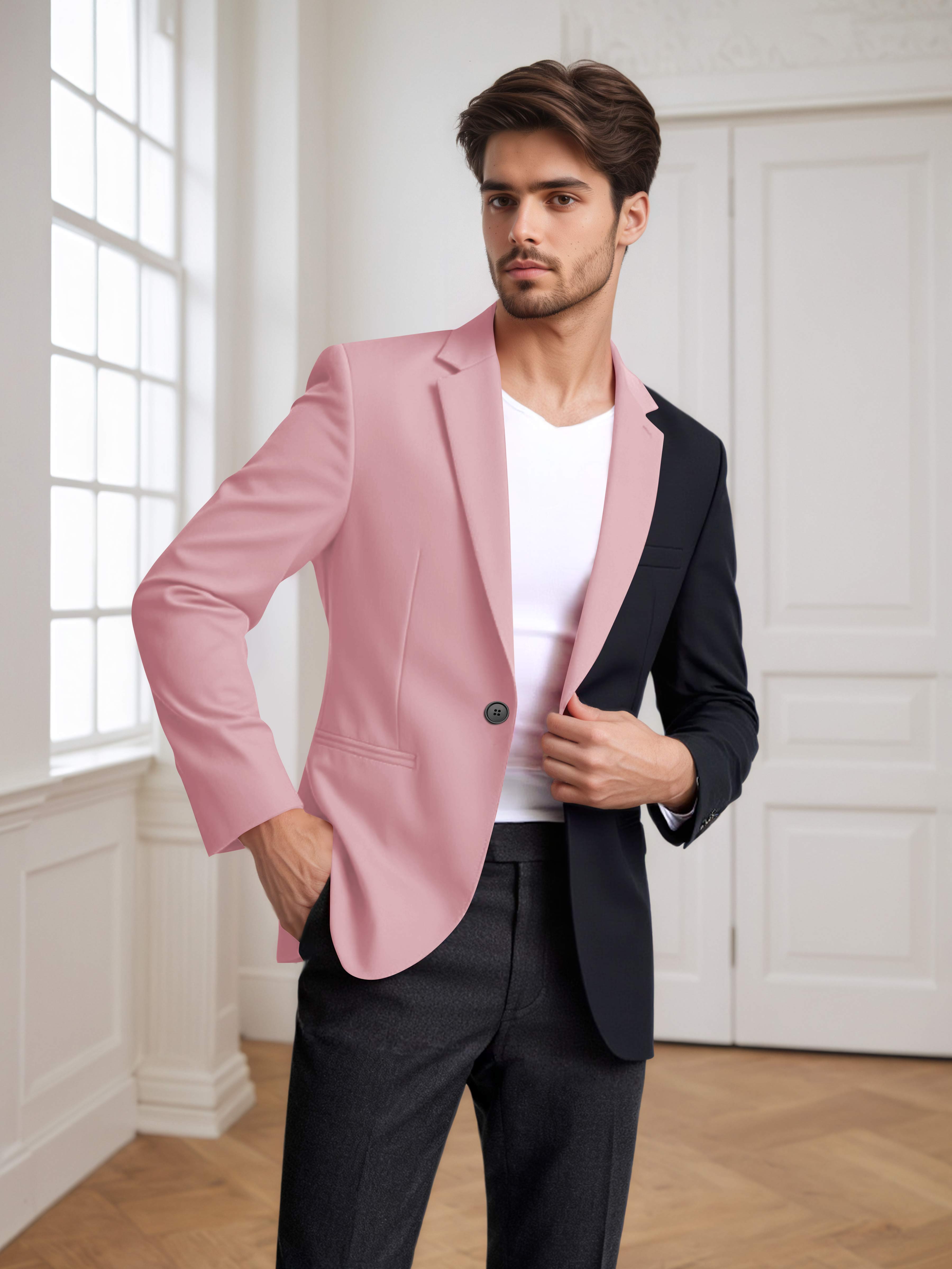 Contrast Panel Notch Lapel Men's 2 Pieces Suit for Casual Prom & Wedding