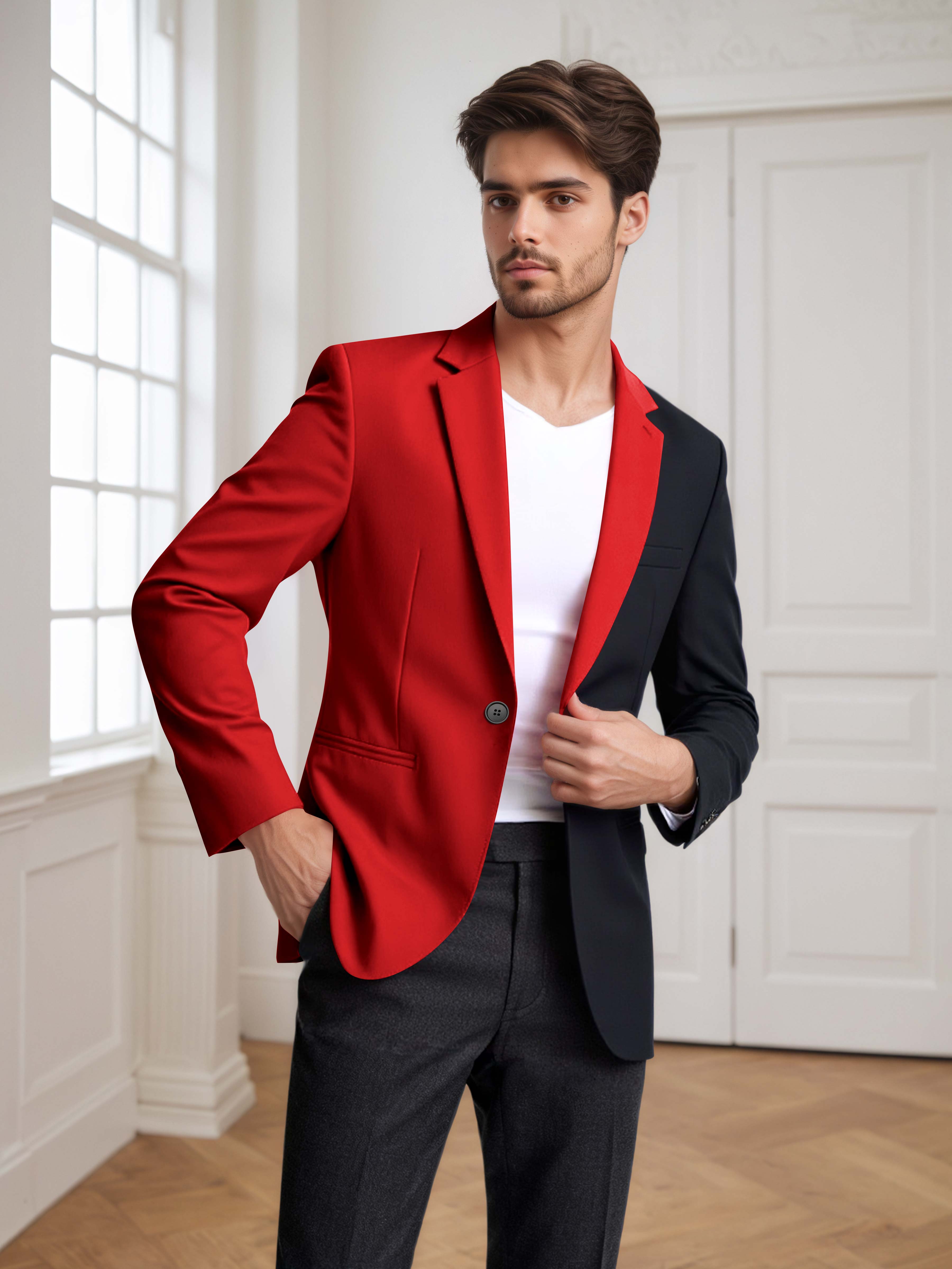 Contrast Panel Notch Lapel Men's 2 Pieces Suit for Casual Prom & Wedding