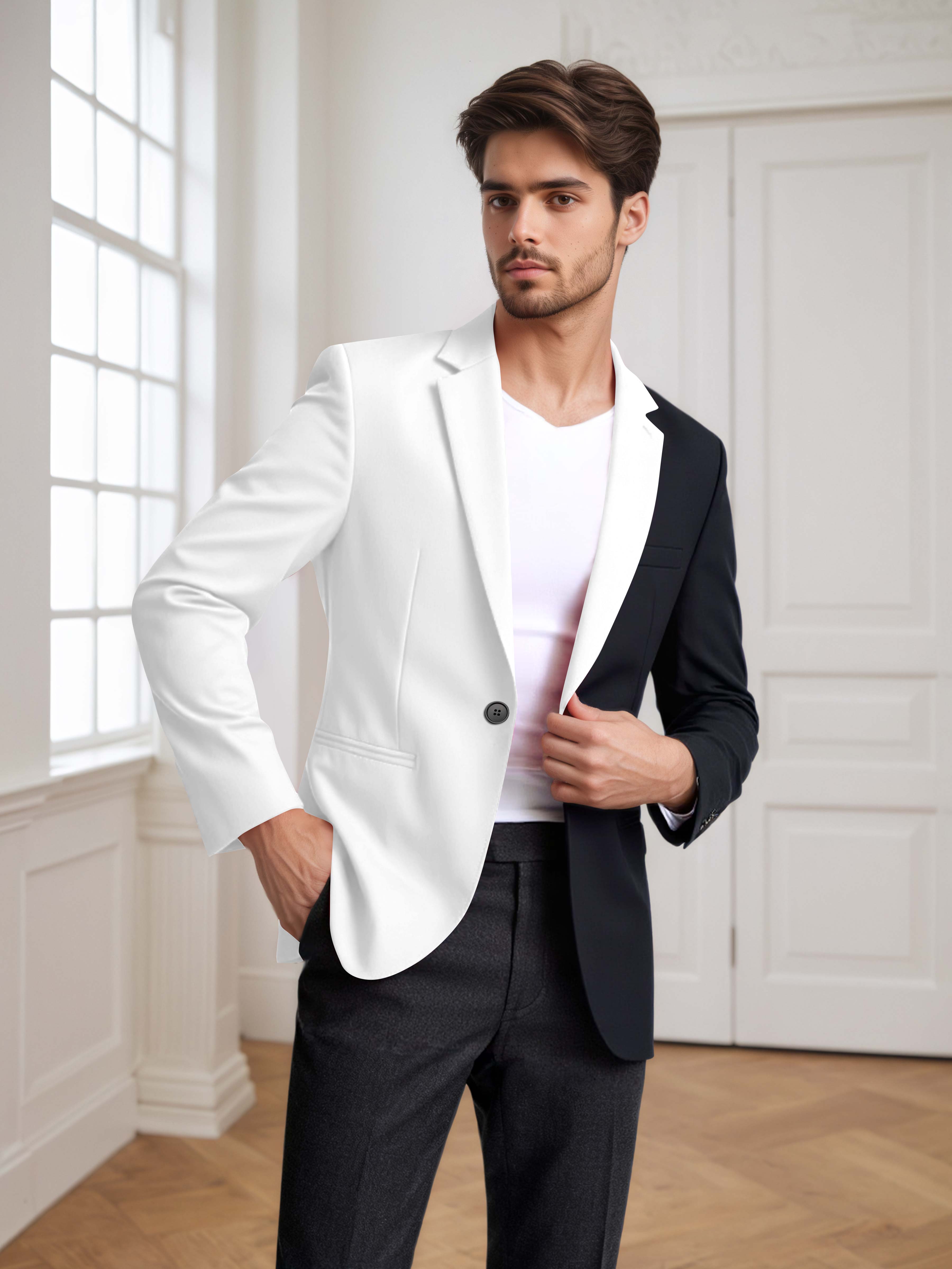 Contrast Panel Notch Lapel Men's 2 Pieces Suit for Casual Prom & Wedding