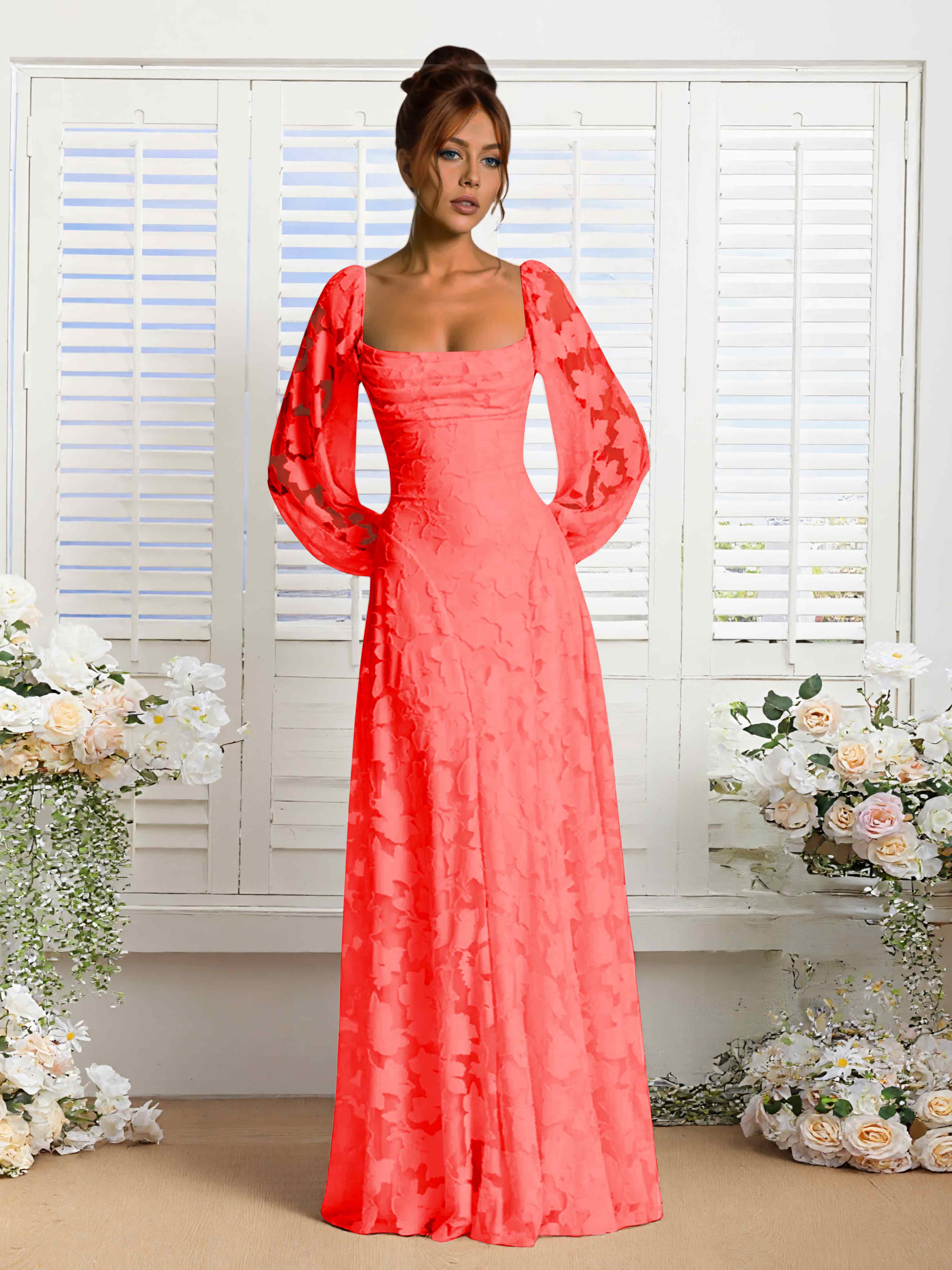 Xandra A-Line Long Sleeves Floor Length Floral Lace Formal Dresses
