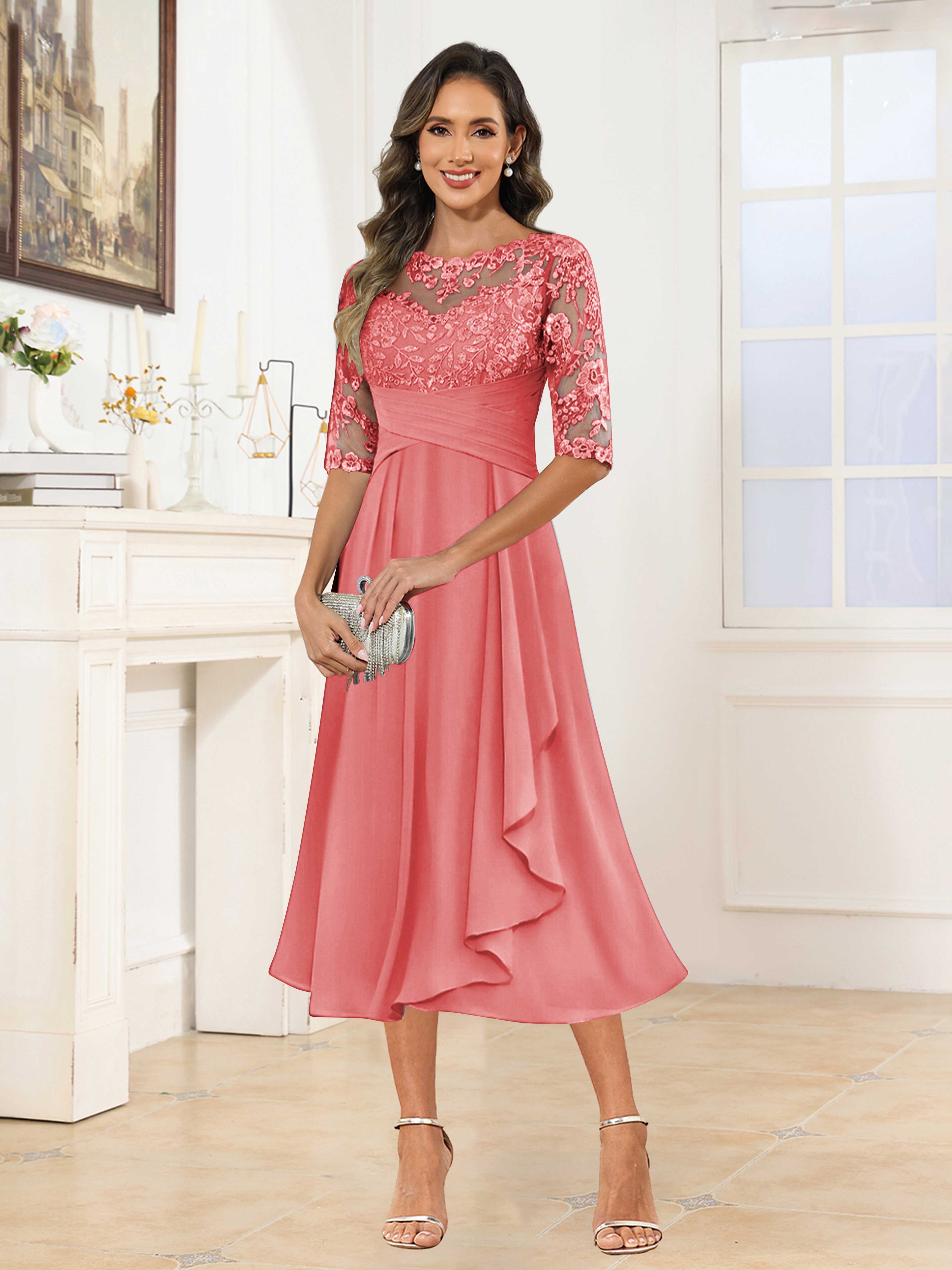 Traelithra Charming Illusion Ruffles Lace Tea Length Chiffon Mother of the Bride Dresses