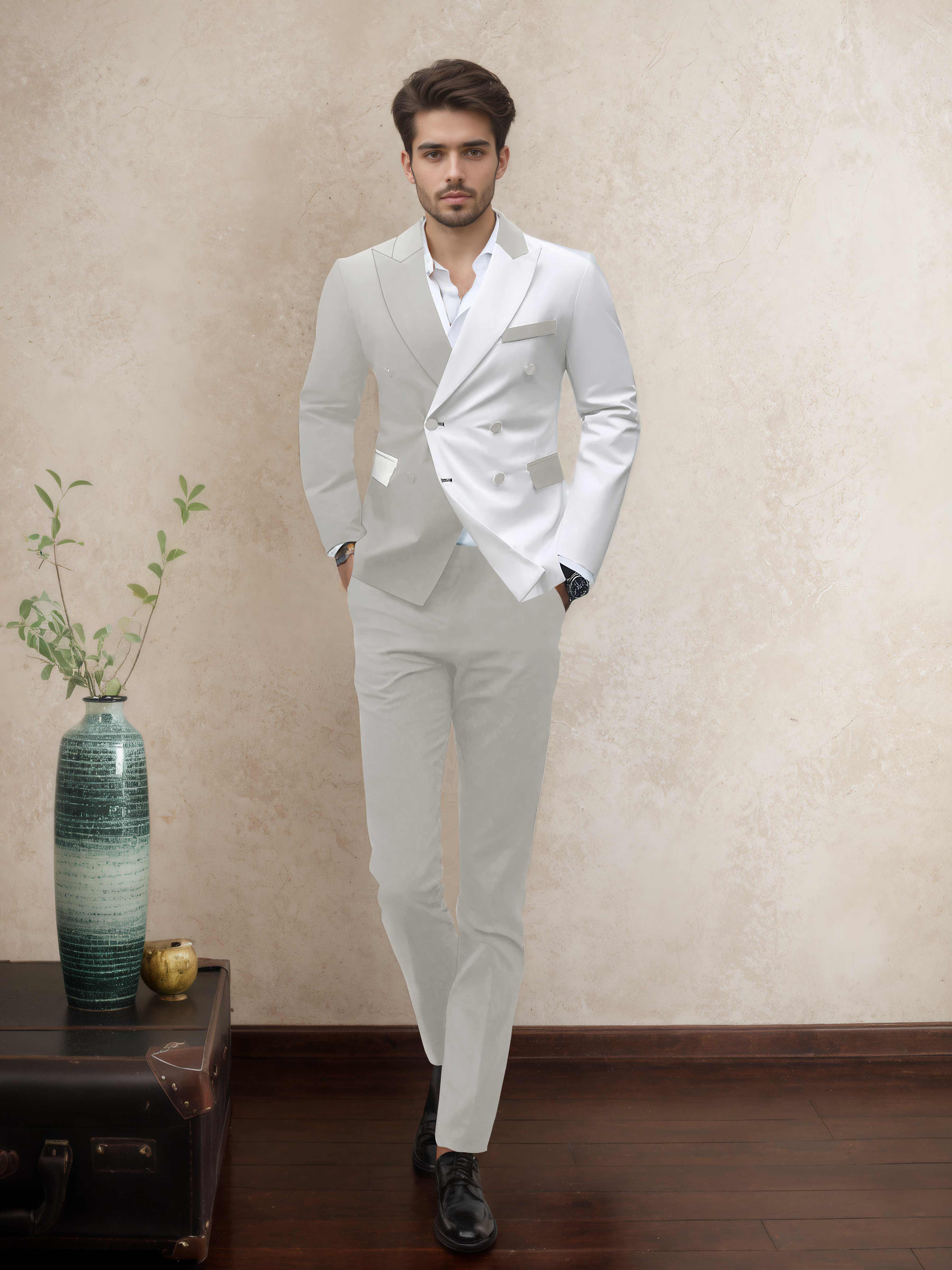Refined 2 Pieces Men’s Evening Suit Tailored Fit Double Breasted Peak Lapel Contrast