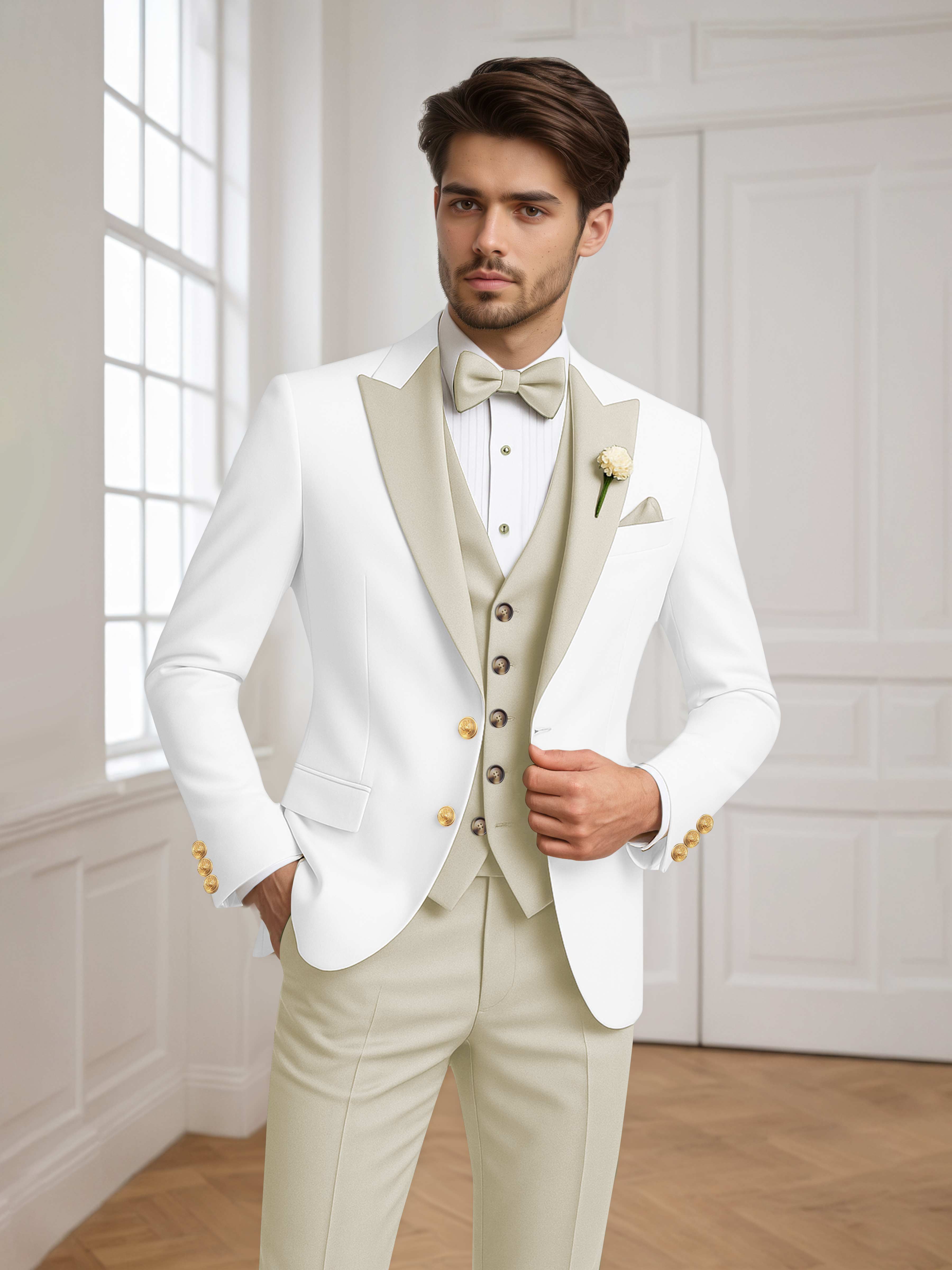 Color Block Peak Lapel Men's 3 Pieces Suit for Groom Wedding & Prom