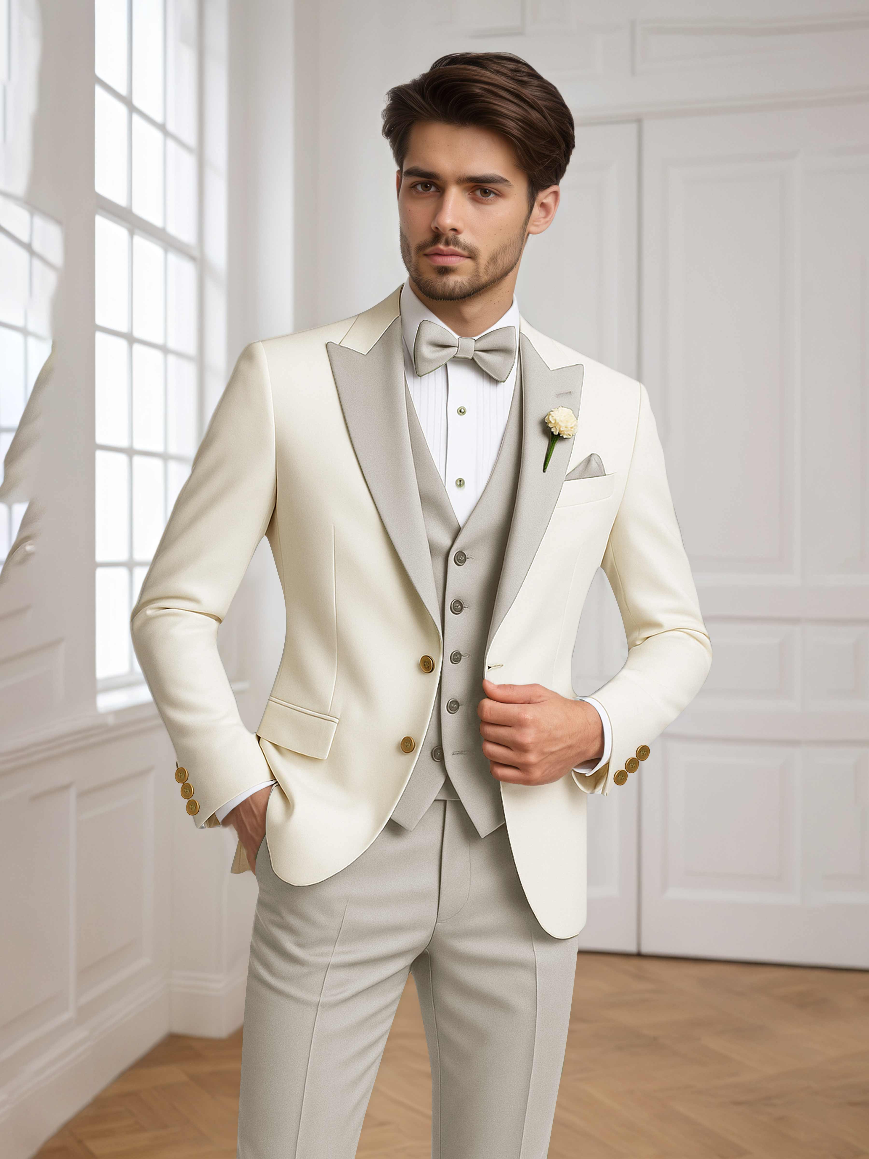 Color Block Peak Lapel Men's 3 Pieces Suit for Groom Wedding & Prom