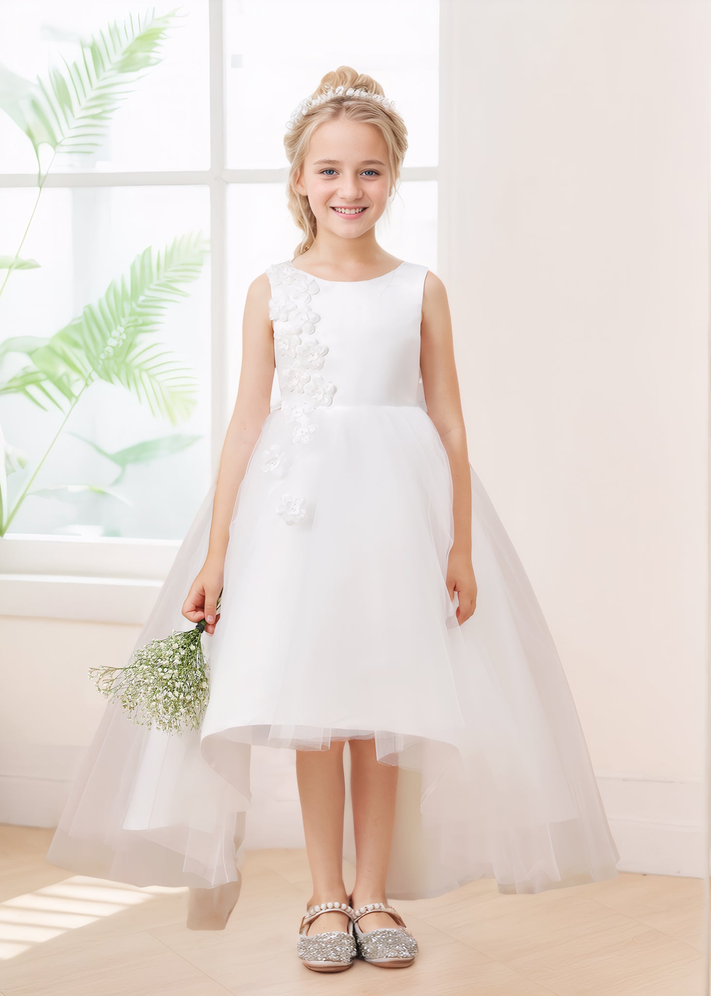 Cute A-Line Scoop 3D Floral Tulle Satin Flower Girl Dresses