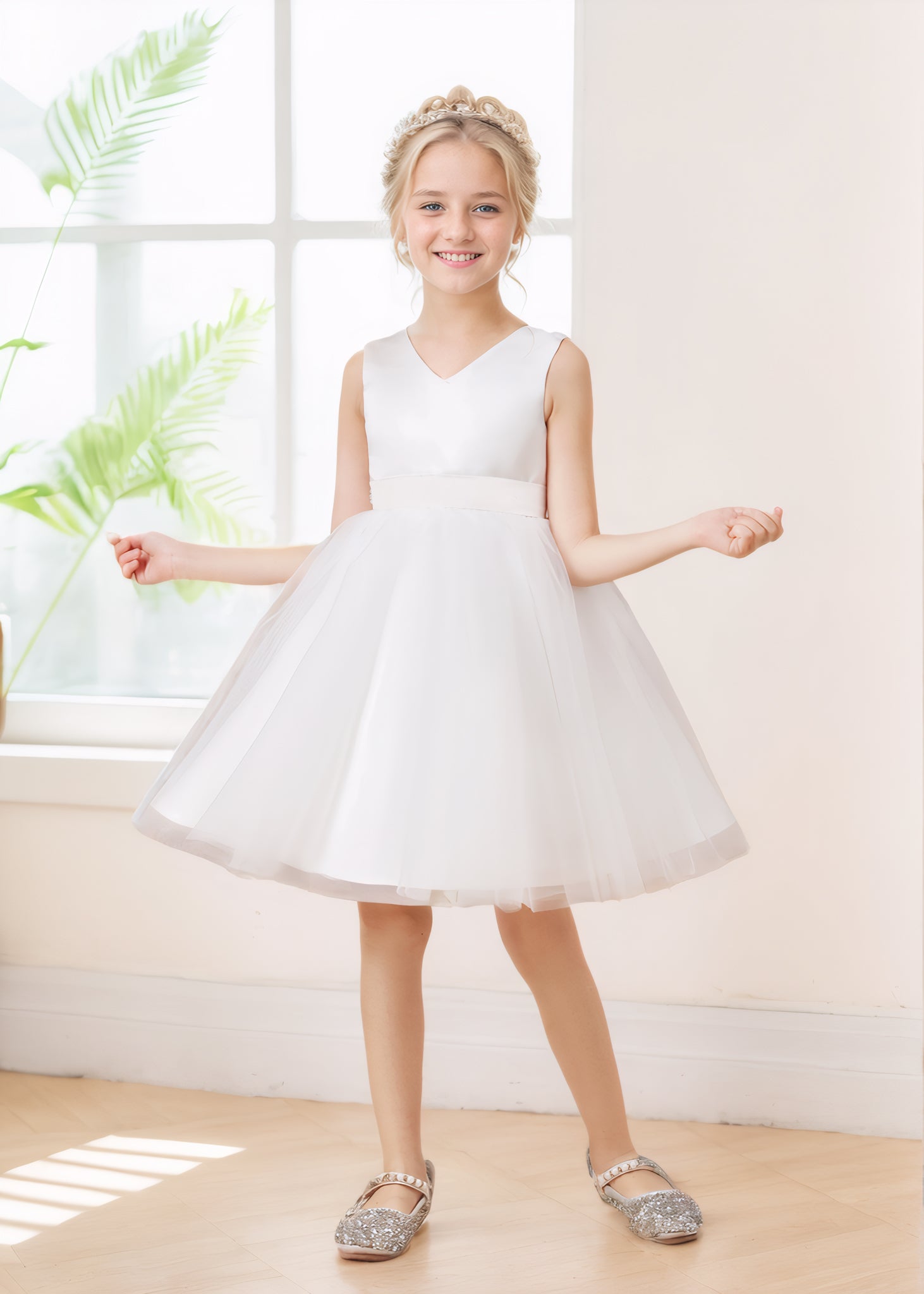 Cute A-line V Neck Satin Bow Tulle Short Flower Girl Dresses