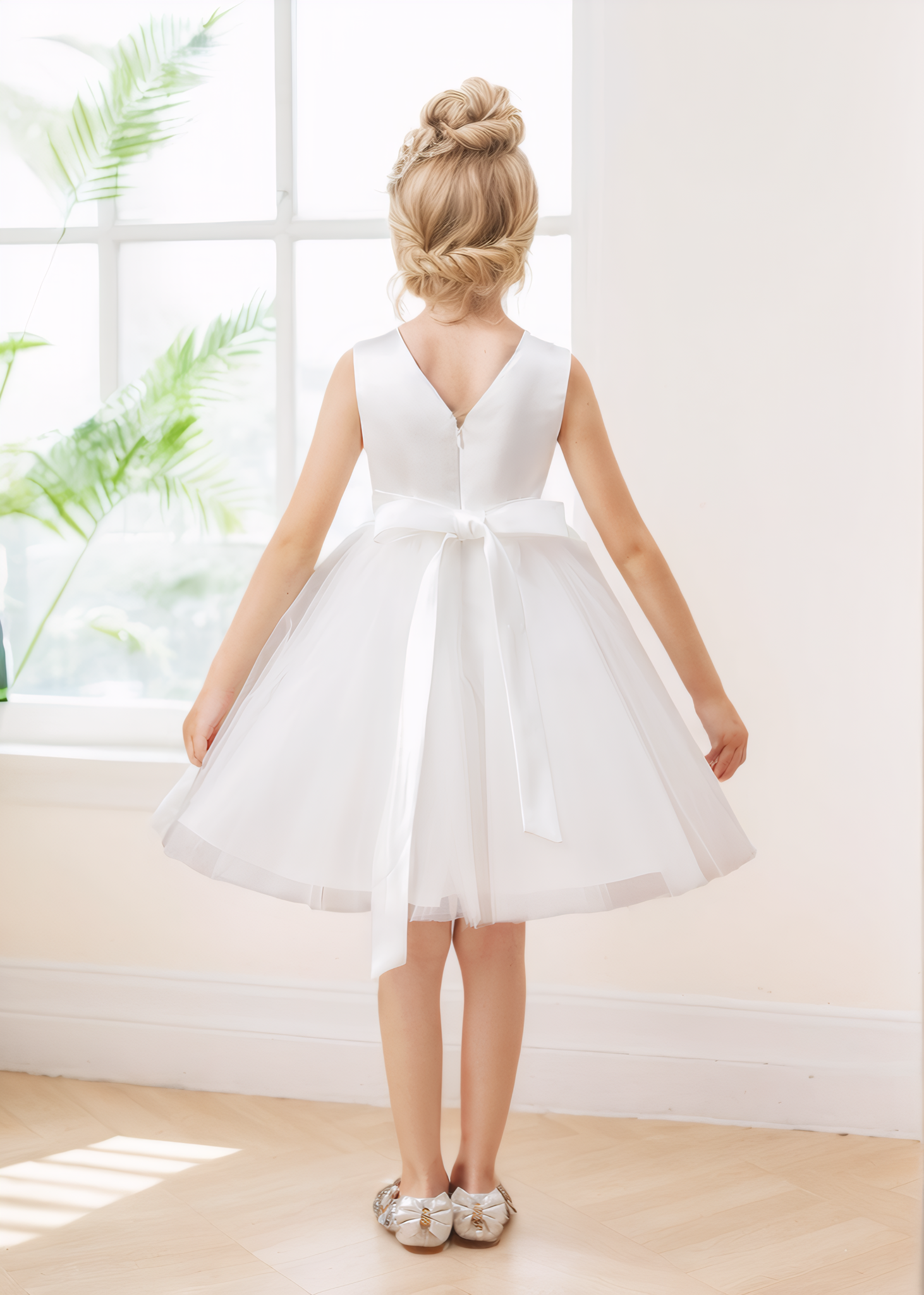 Cute A-line V Neck Satin Bow Tulle Short Flower Girl Dresses