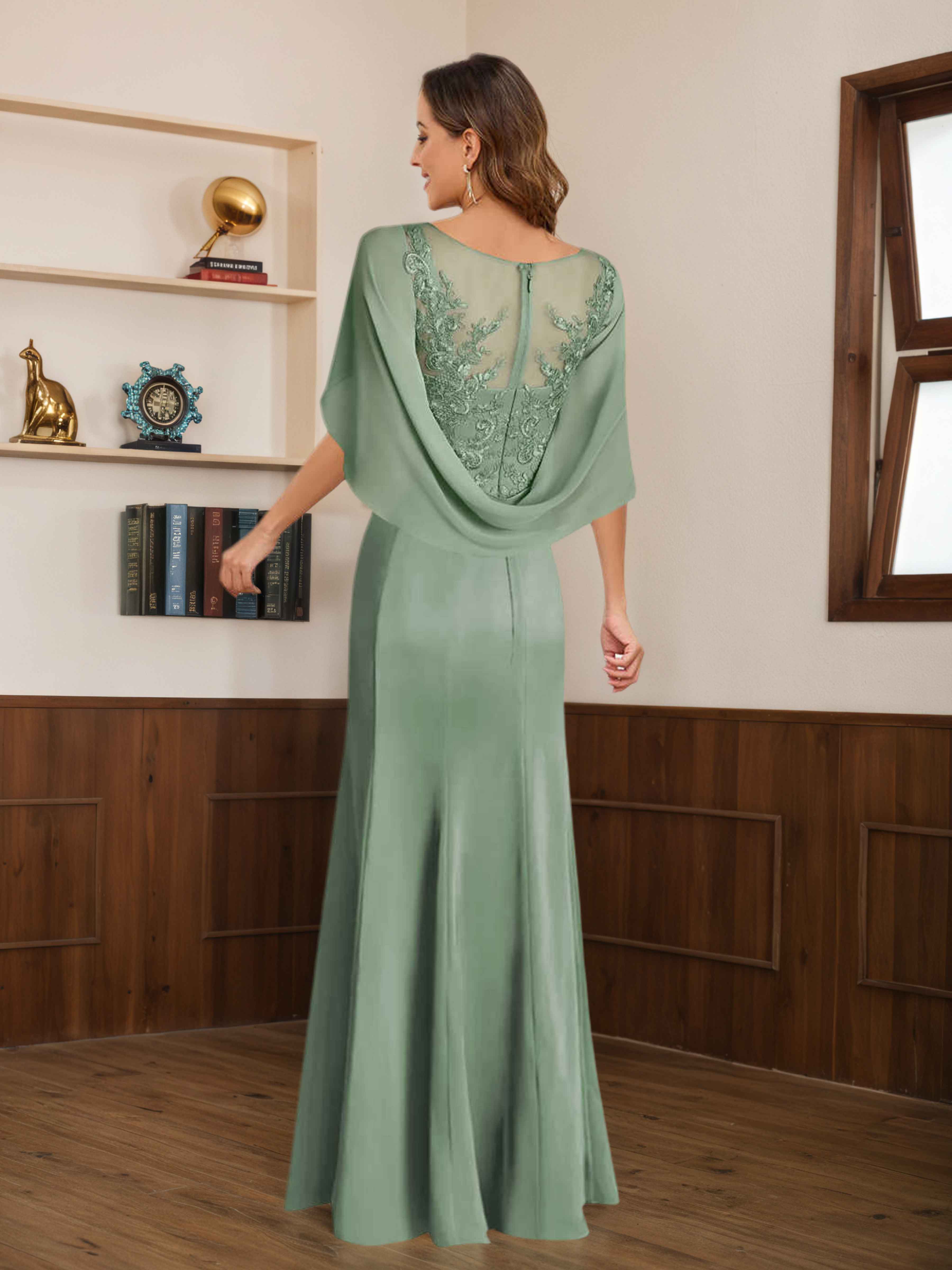 Dagny Mermaid Illusion Lace Appliques Long Satin Mother of The Bride Dresses