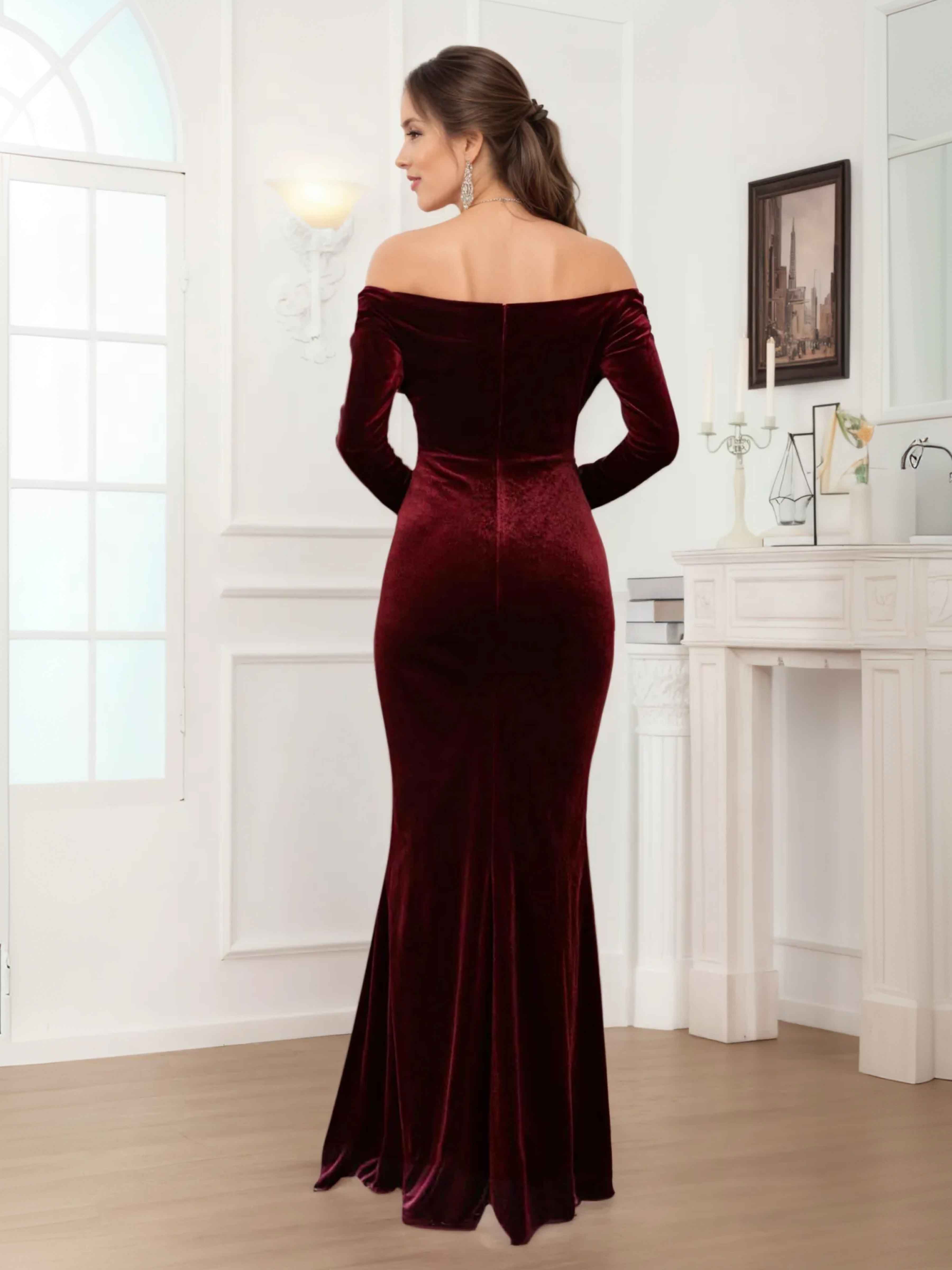 Darielle Classic Sheath Off the Shoulder Long Sleeves Floor Length Velvet Mother Of The Bride Dresses
