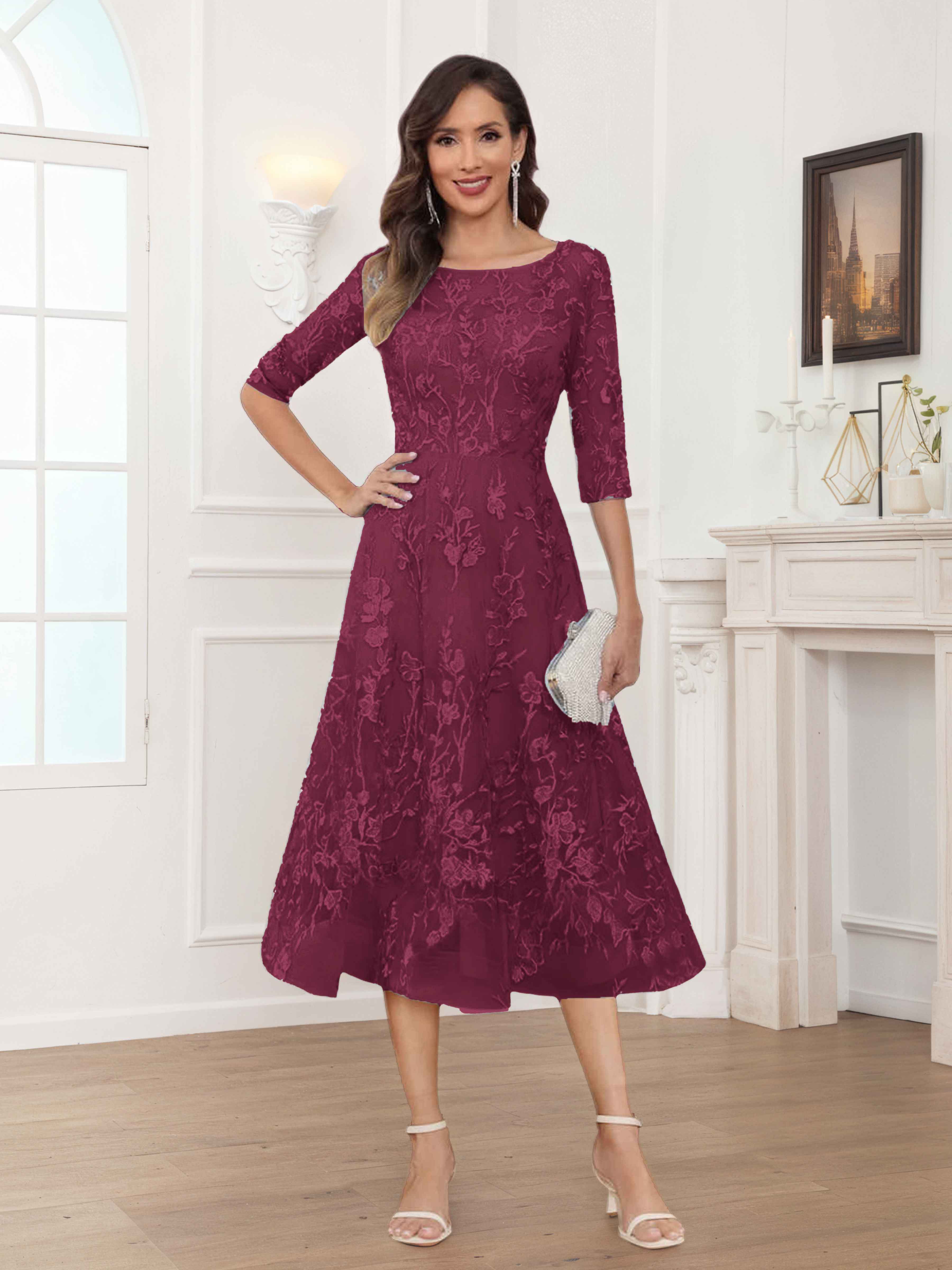 Pax Exquisite A-Line Illusion Lace Tea Length Mother of The Bride Dresses