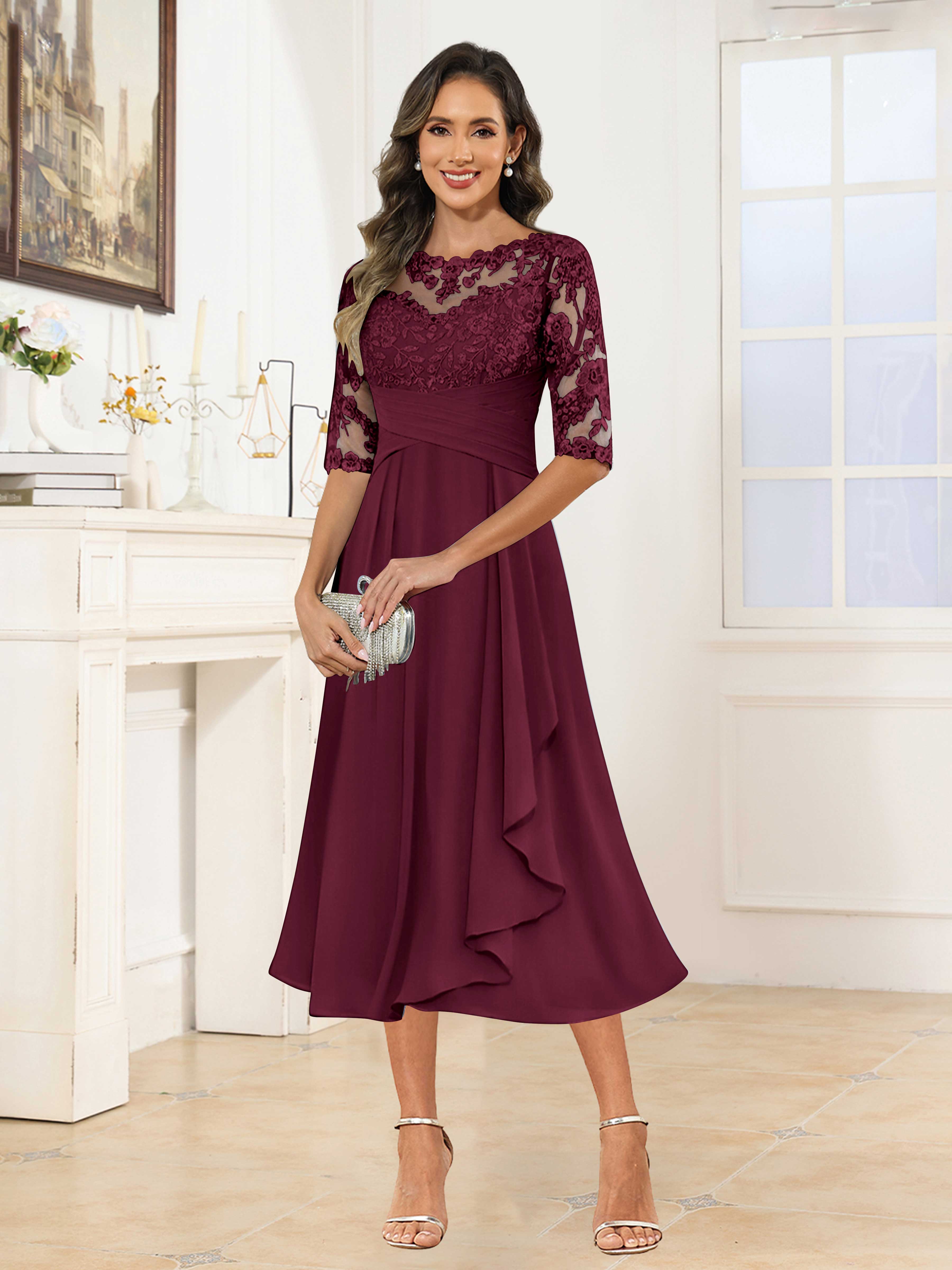 Traelithra Charming Illusion Ruffles Lace Tea Length Chiffon Mother of the Bride Dresses