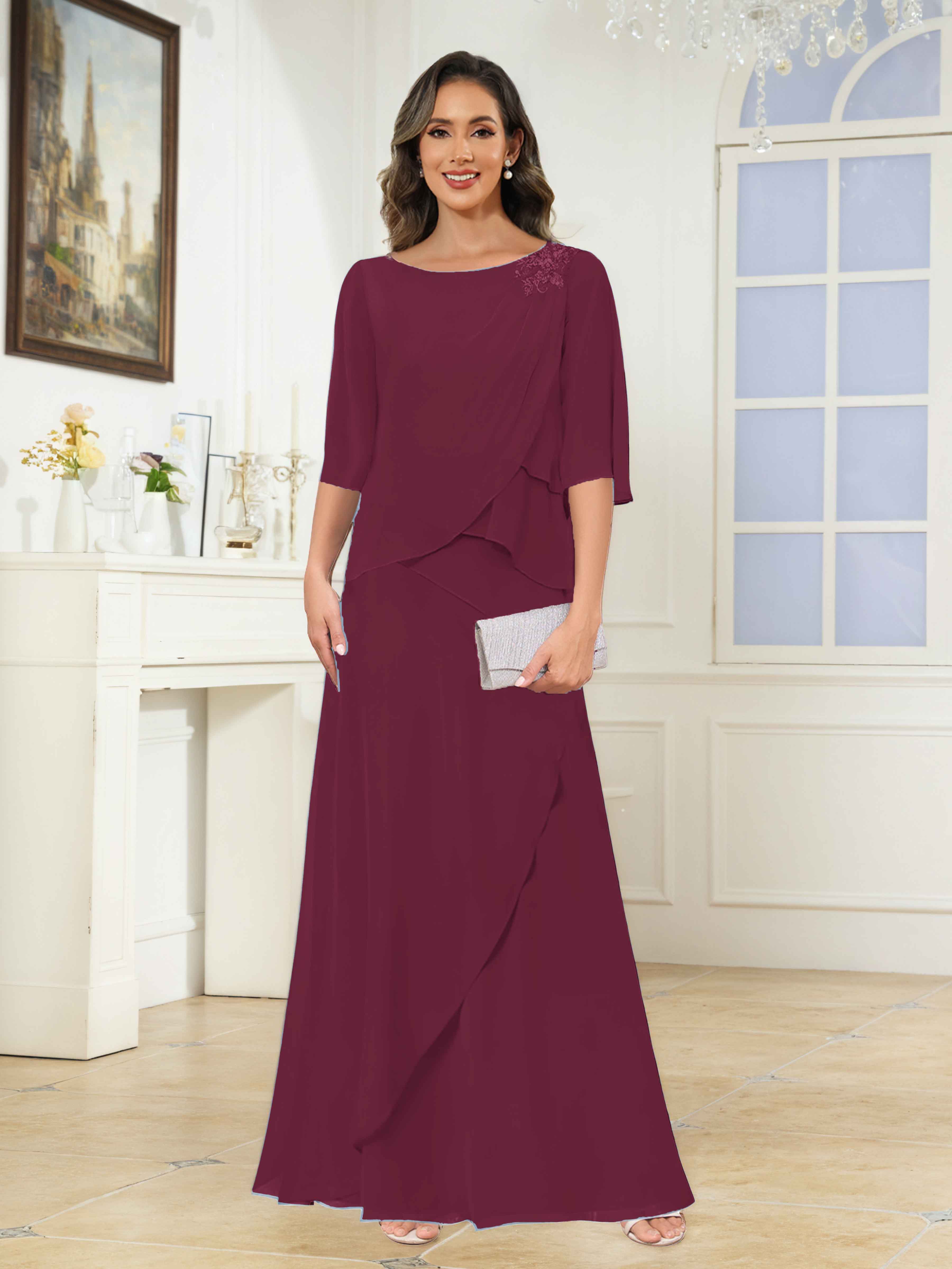 Larkin Flattering Scoop Tiered Appliques Floor Length Chiffon Mother of the Bride Dresses