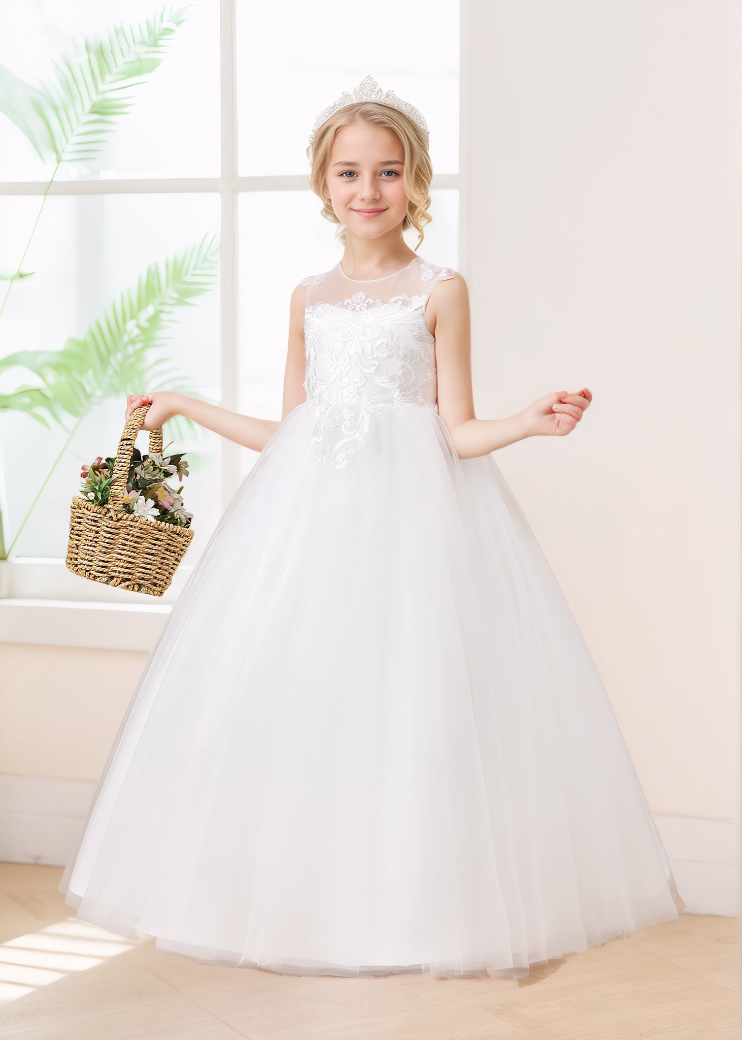 Dreamy A-Line Scoop Sleeveless Button Back Appliques Tulle Flower Girl Dresses