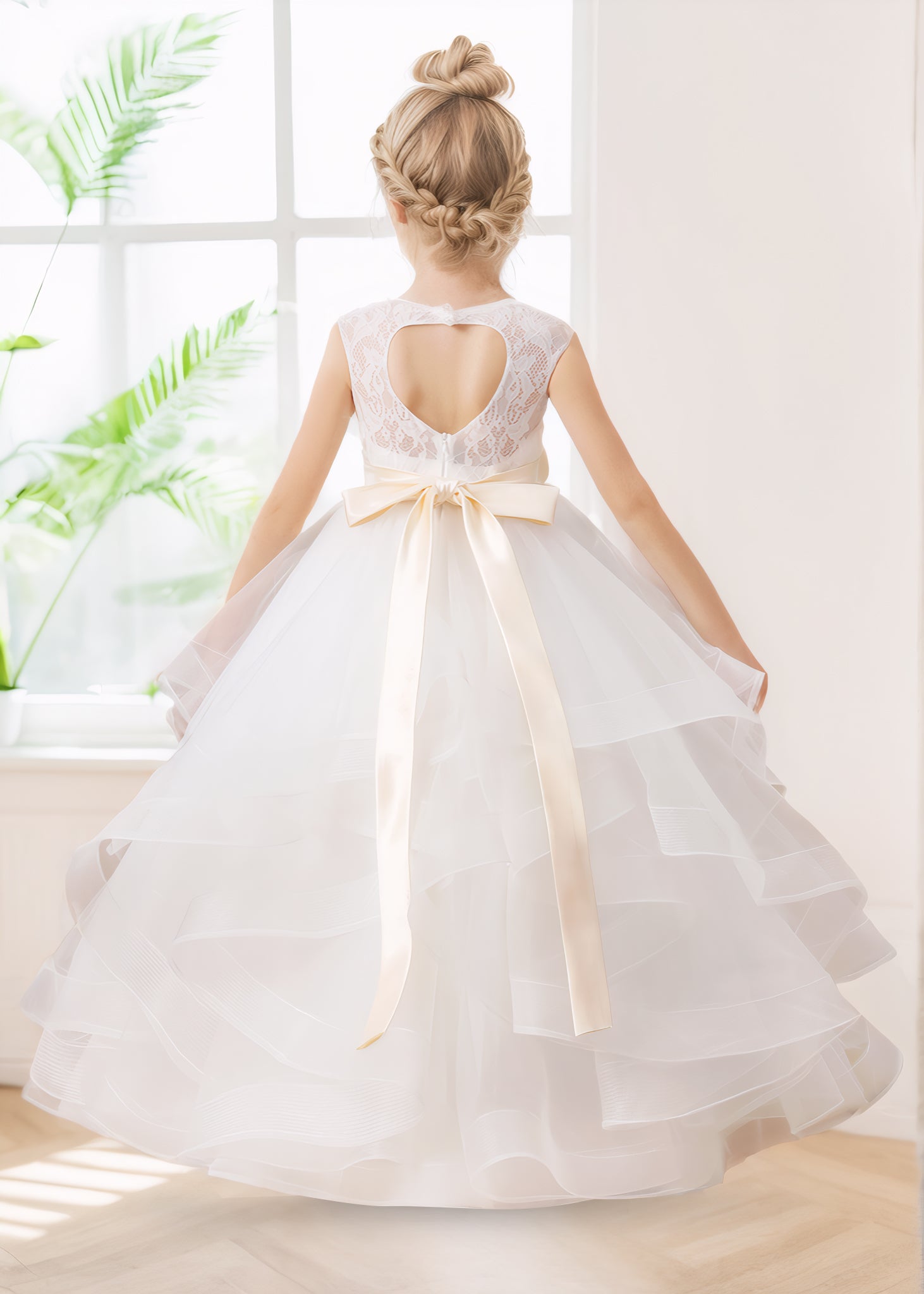 Dreamy Lace Tulle Ruffled Satin Bow Long Flower Girl Dresses