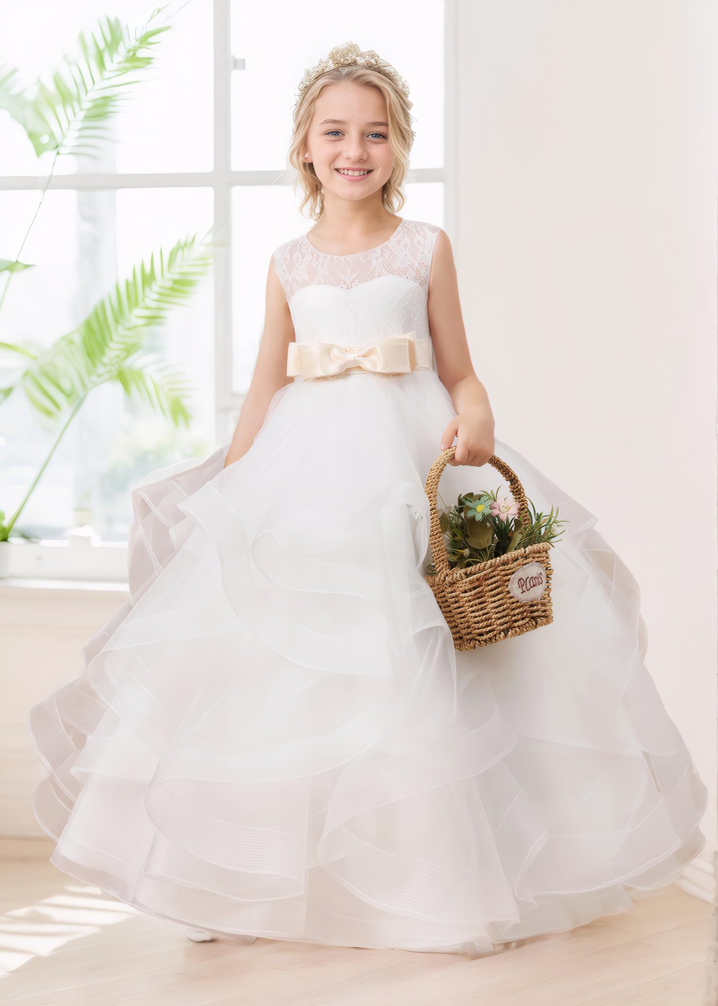 Dreamy Lace Tulle Ruffled Satin Bow Long Flower Girl Dresses