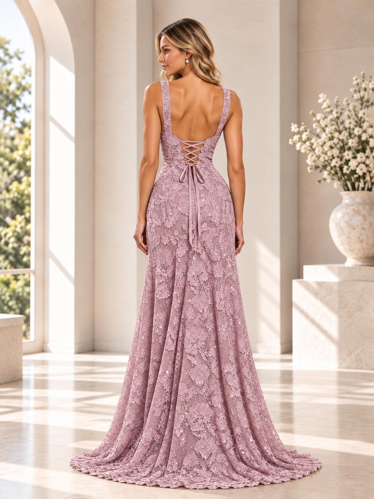 Evadella Spaghetti Straps Beaded Sequin Lace Mermaid Formal Dress with Slit and Lace-Up Back