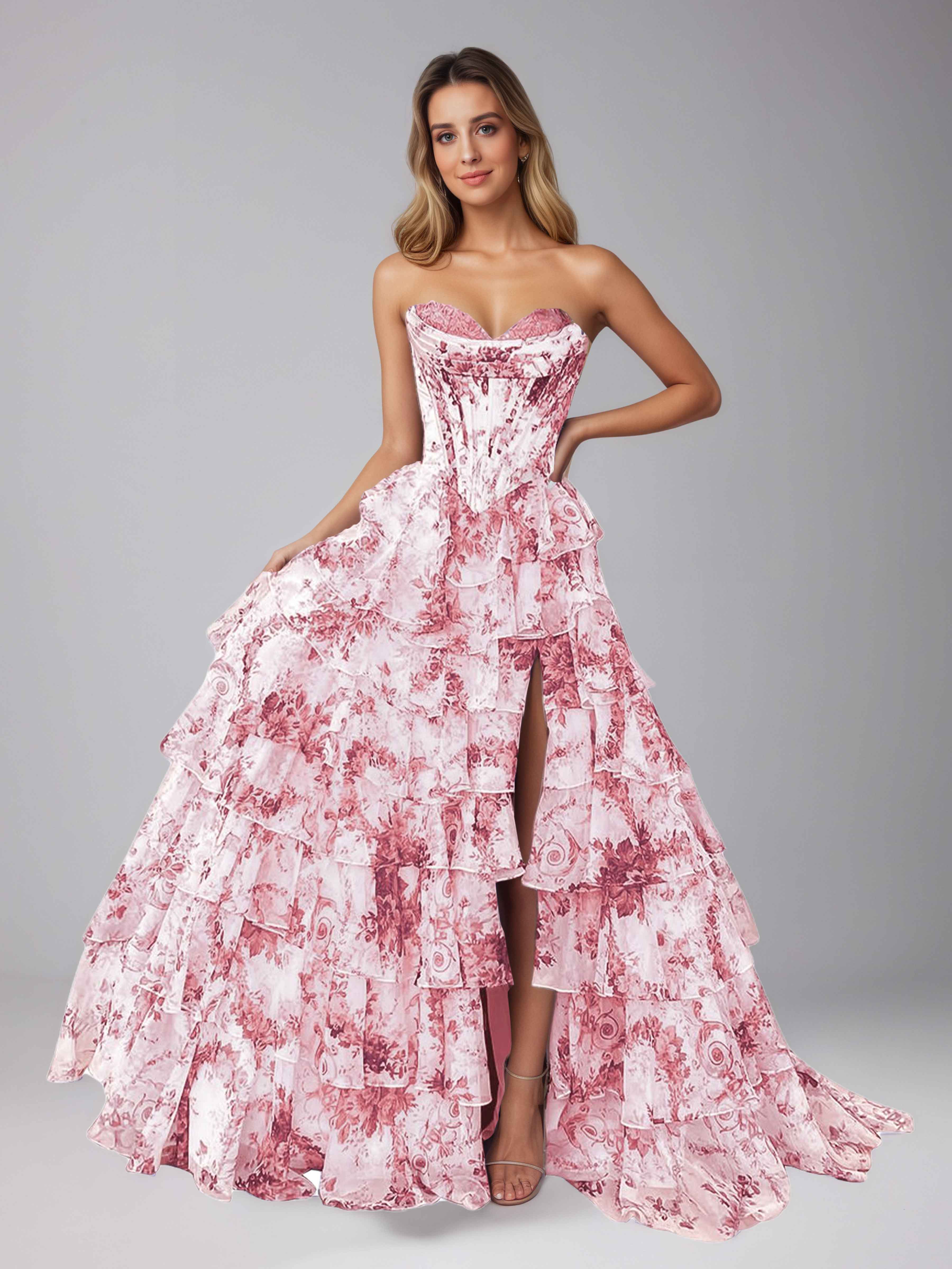 Graelara Glamorous Sweetheart Cascading Ruffles Corset Floral Tiered Prom Dresses