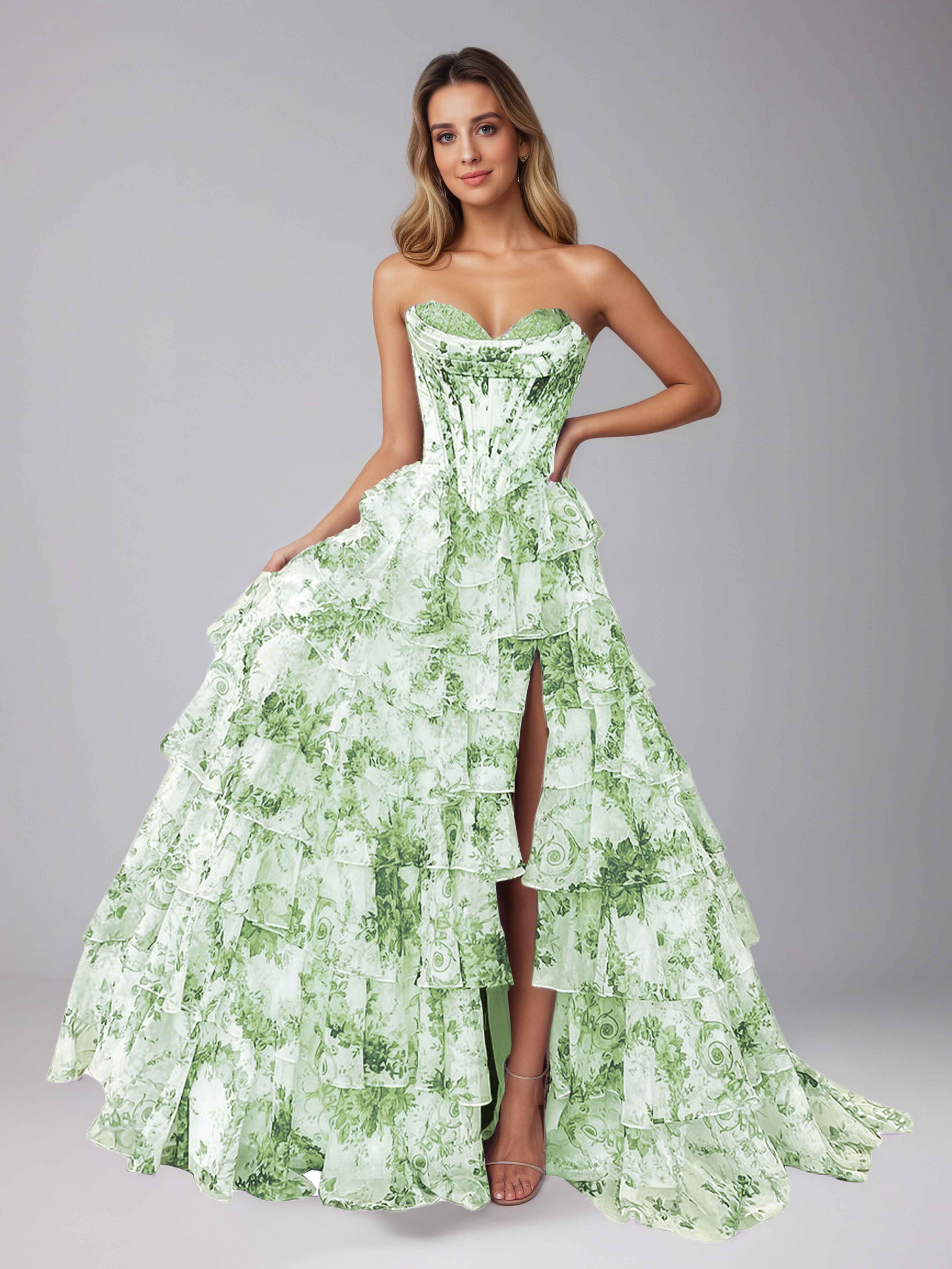 Graelara Glamorous Sweetheart Cascading Ruffles Corset Floral Tiered Prom Dresses