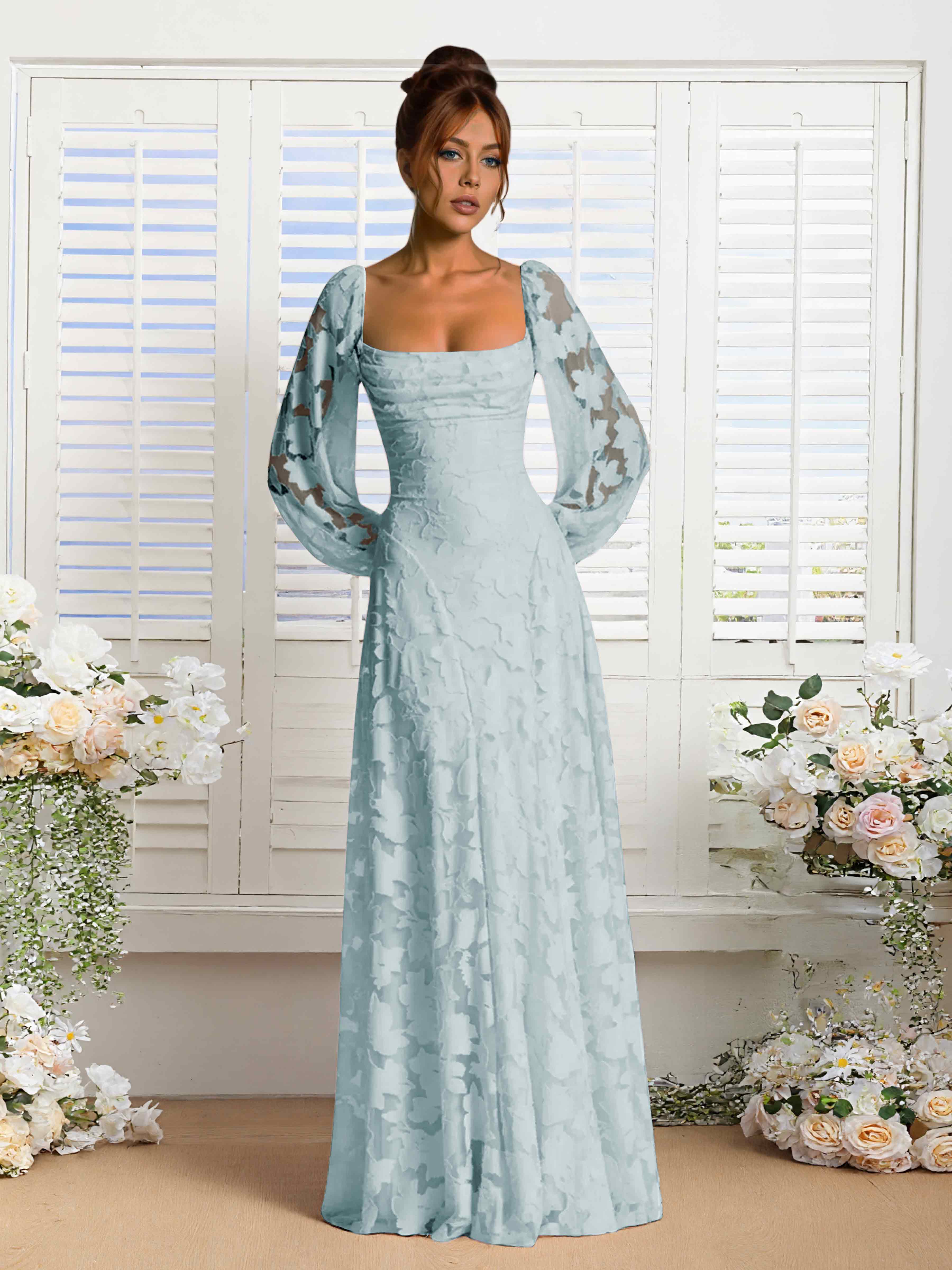 Xandra A-Line Long Sleeves Floor Length Floral Lace Formal Dresses