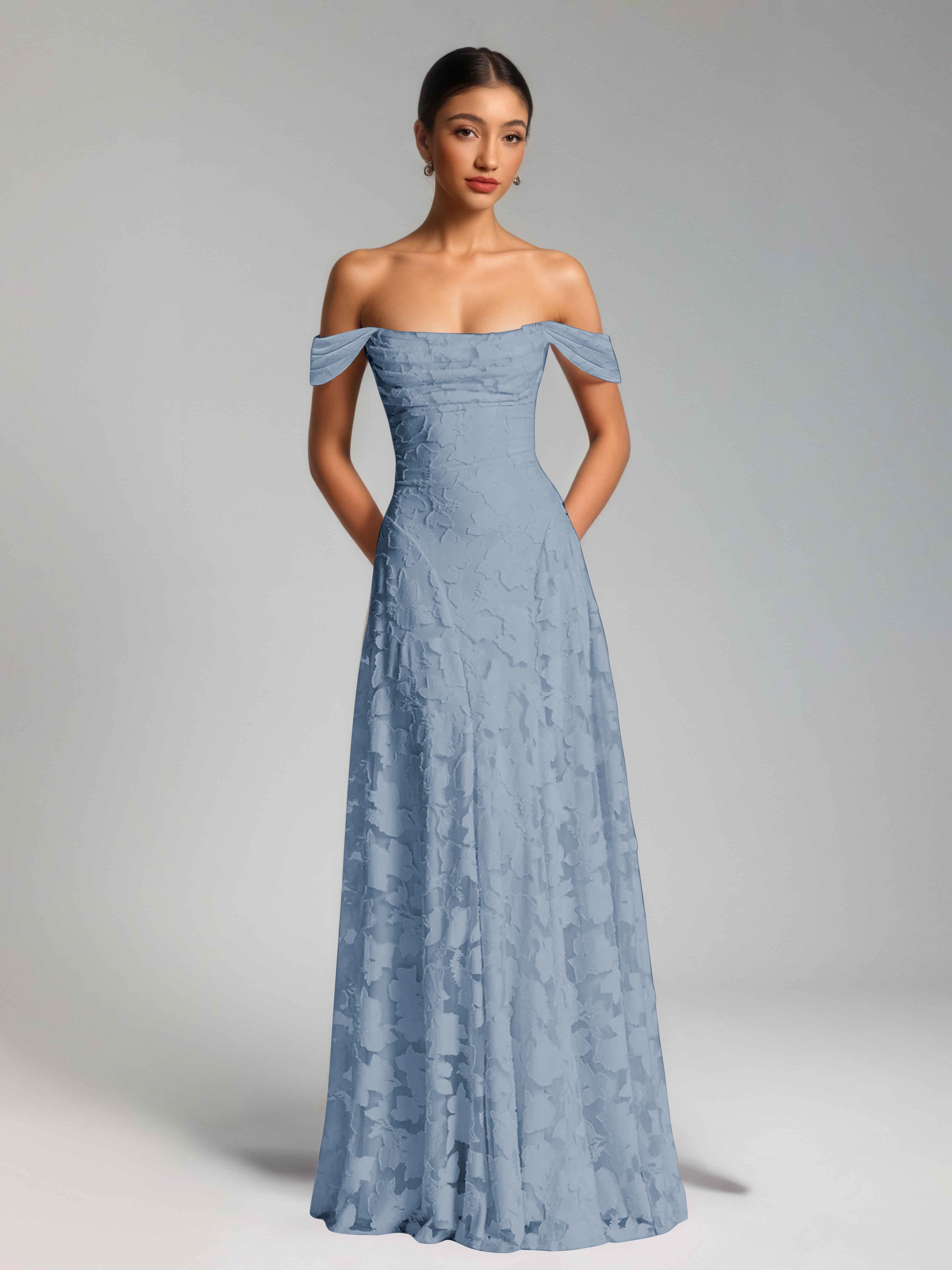 Oraelithra Charming A-Line Off the Shoulder Long Jacquard Bridesmaid Dresses